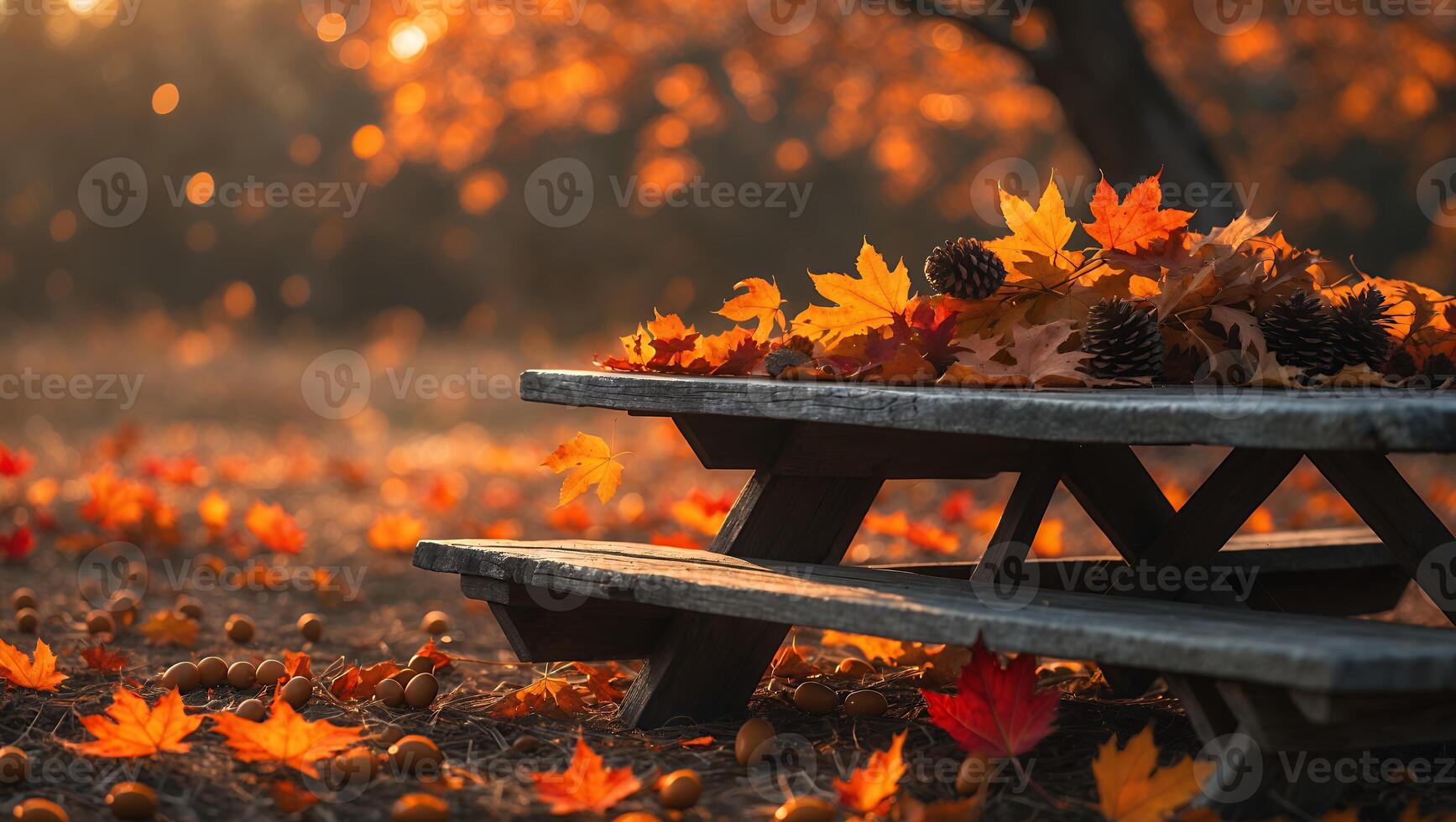 Autumn Leaves on Picnic Table with Warm Sunlight and Nature Setting photo