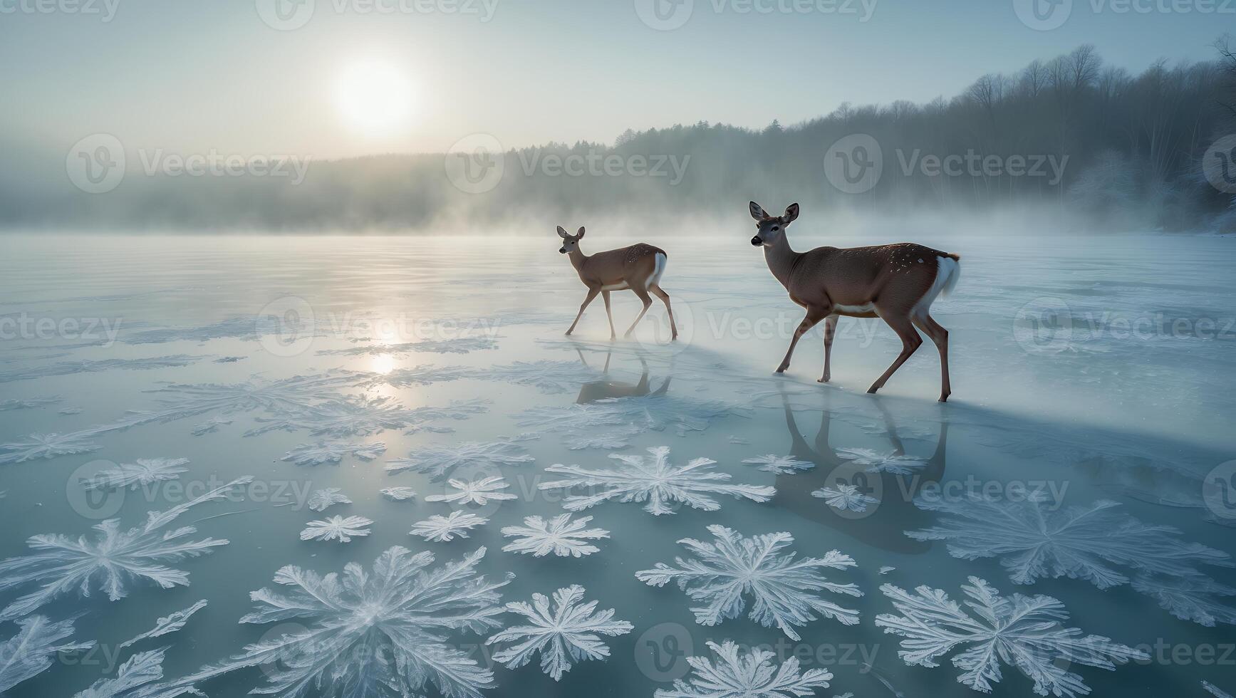 Deer Walking on Frozen Lake with Intricate Ice Patterns at Dawn photo