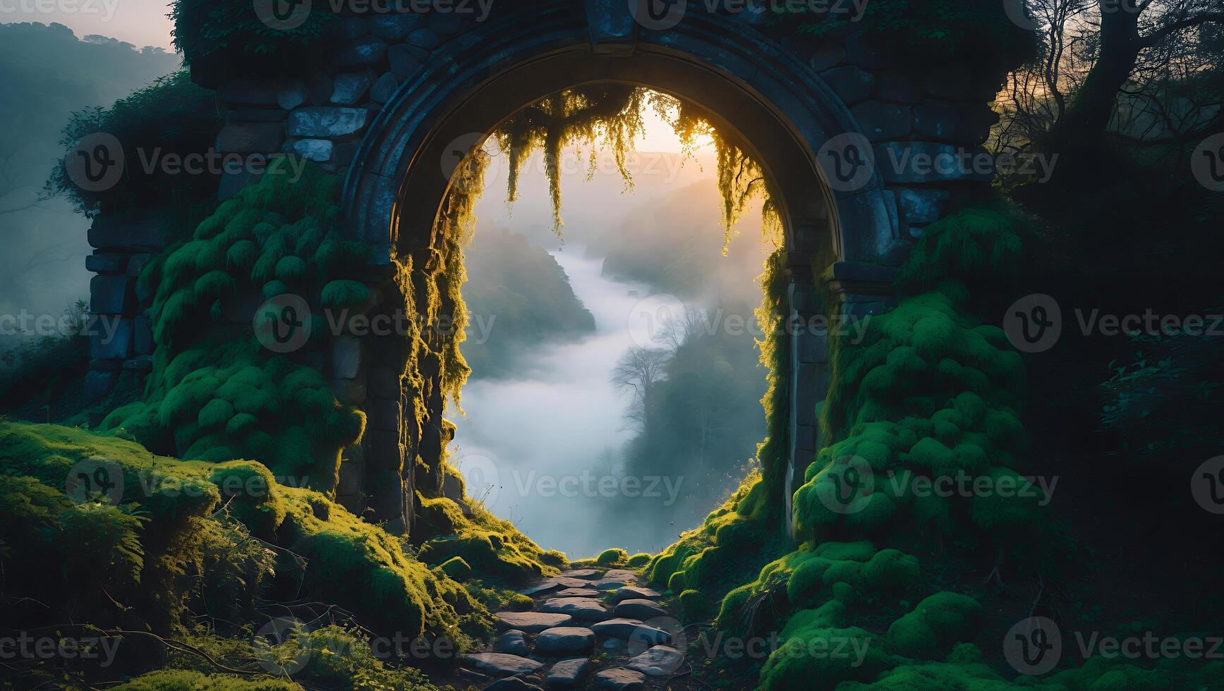 Stone Archway Covered in Moss Overlooks Valley with Fog and Sunlight photo