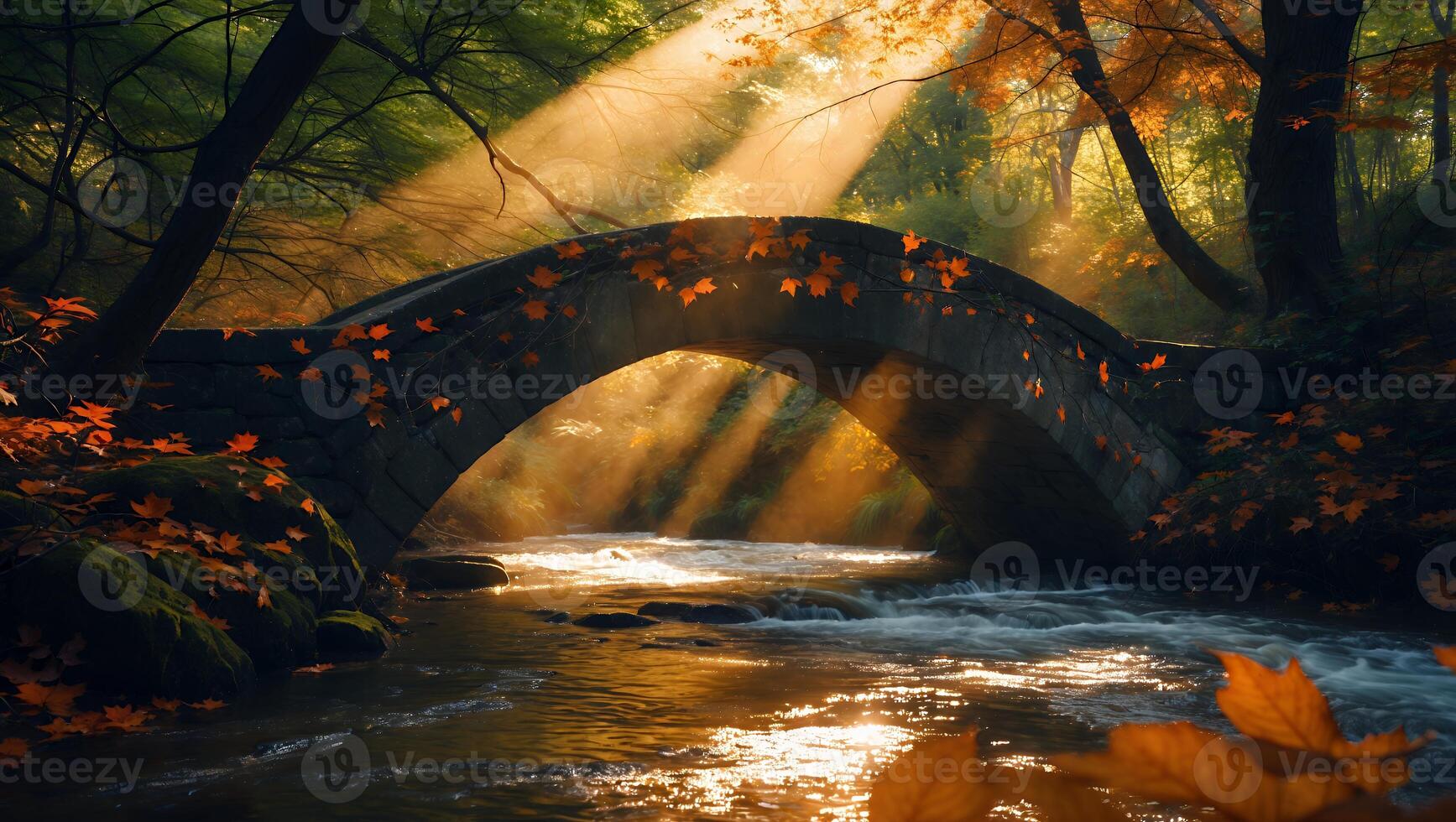 Stone Bridge Over River in Autumn Forest with Sun Rays photo