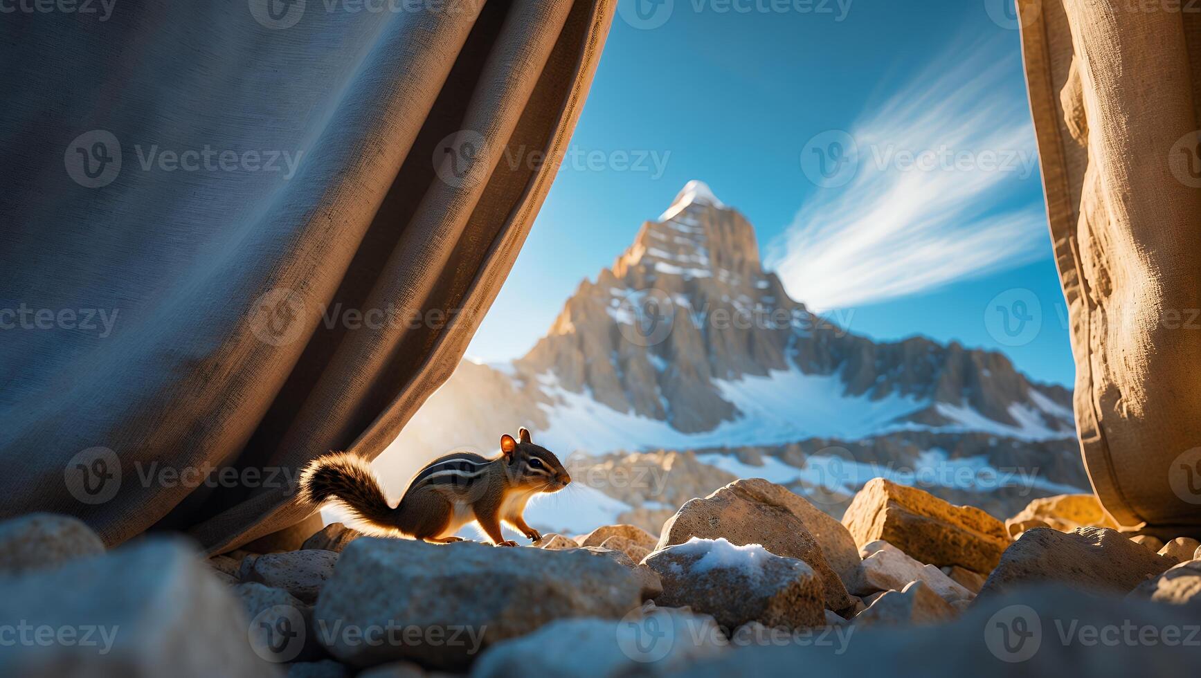 Chipmunk Exploring Rocky Mountain Landscape Through Tent Opening at Sunrise photo