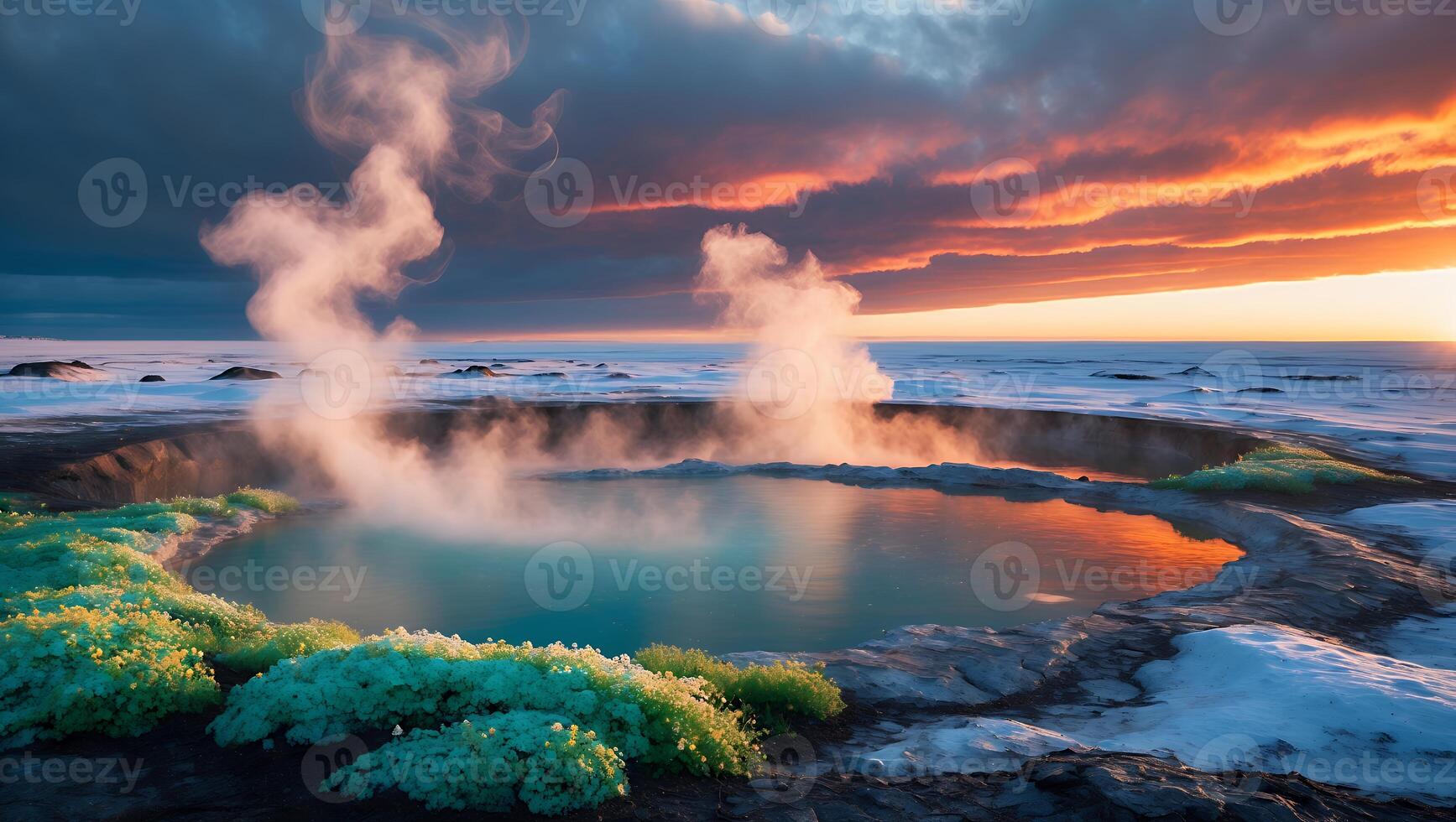 Steaming Geothermal Pool at Dusk with Dramatic Sky Landscape photo