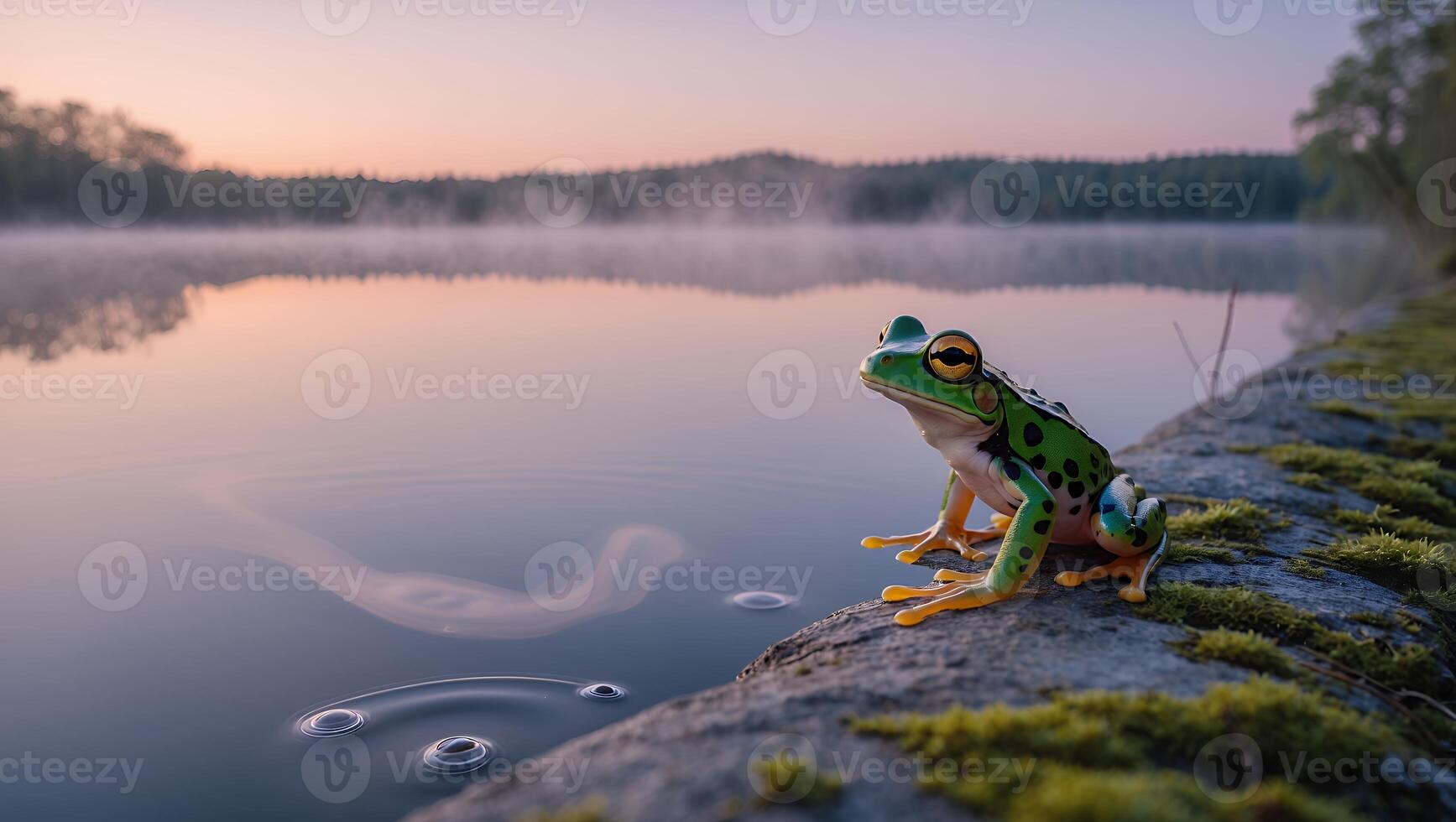 Frog Sitting by Lake with Misty Water and Colorful Sunrise Sky photo