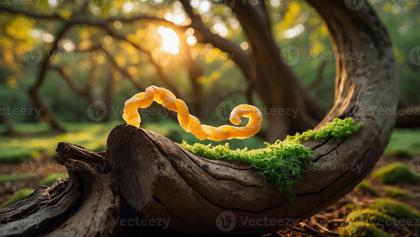 Twisted Pastry on Log in Forest with Sunlight Streaming Through Trees photo