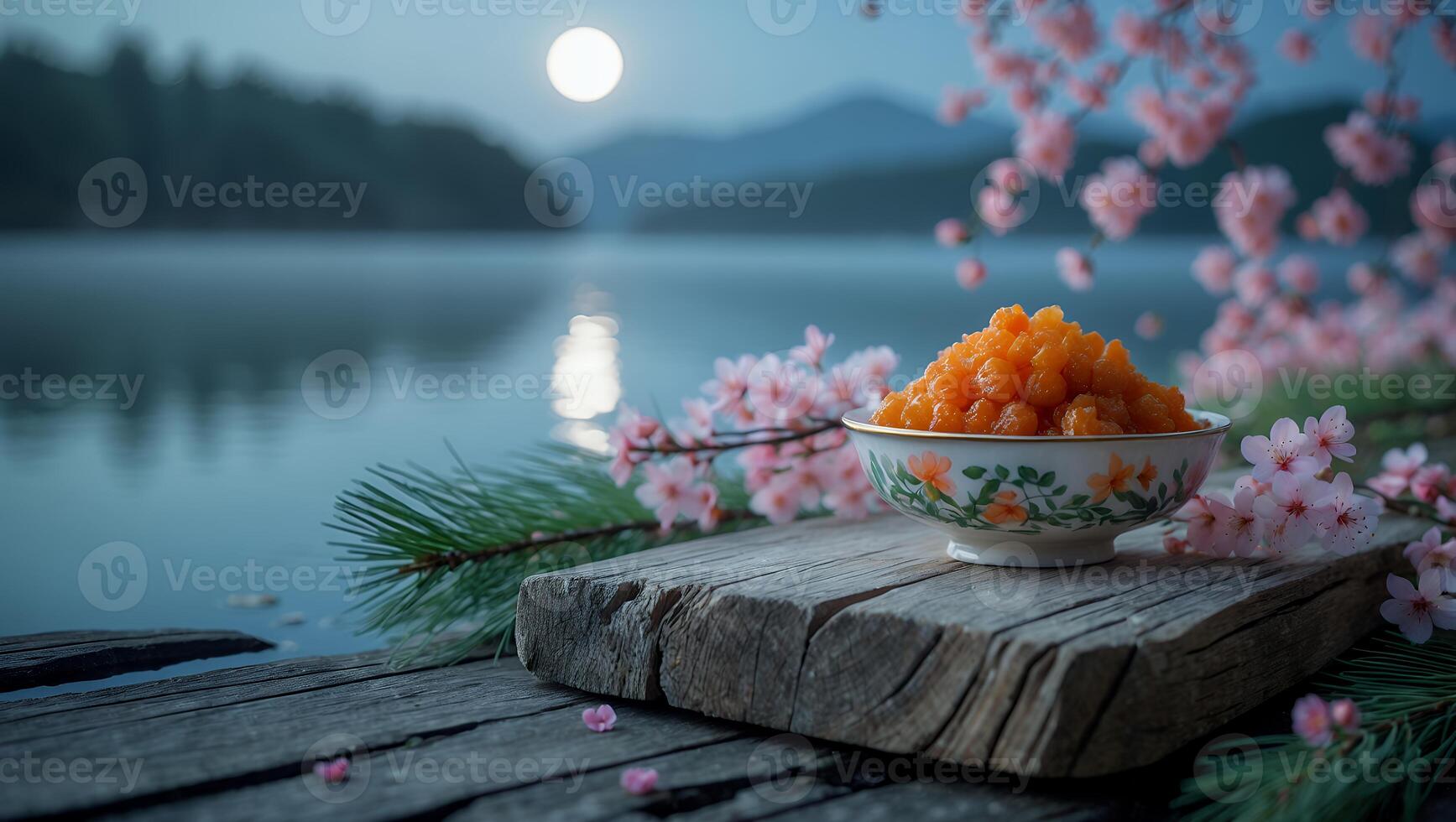 Bowl of Orange Food Displayed Near the Calm Lake and Cherry Blossoms photo