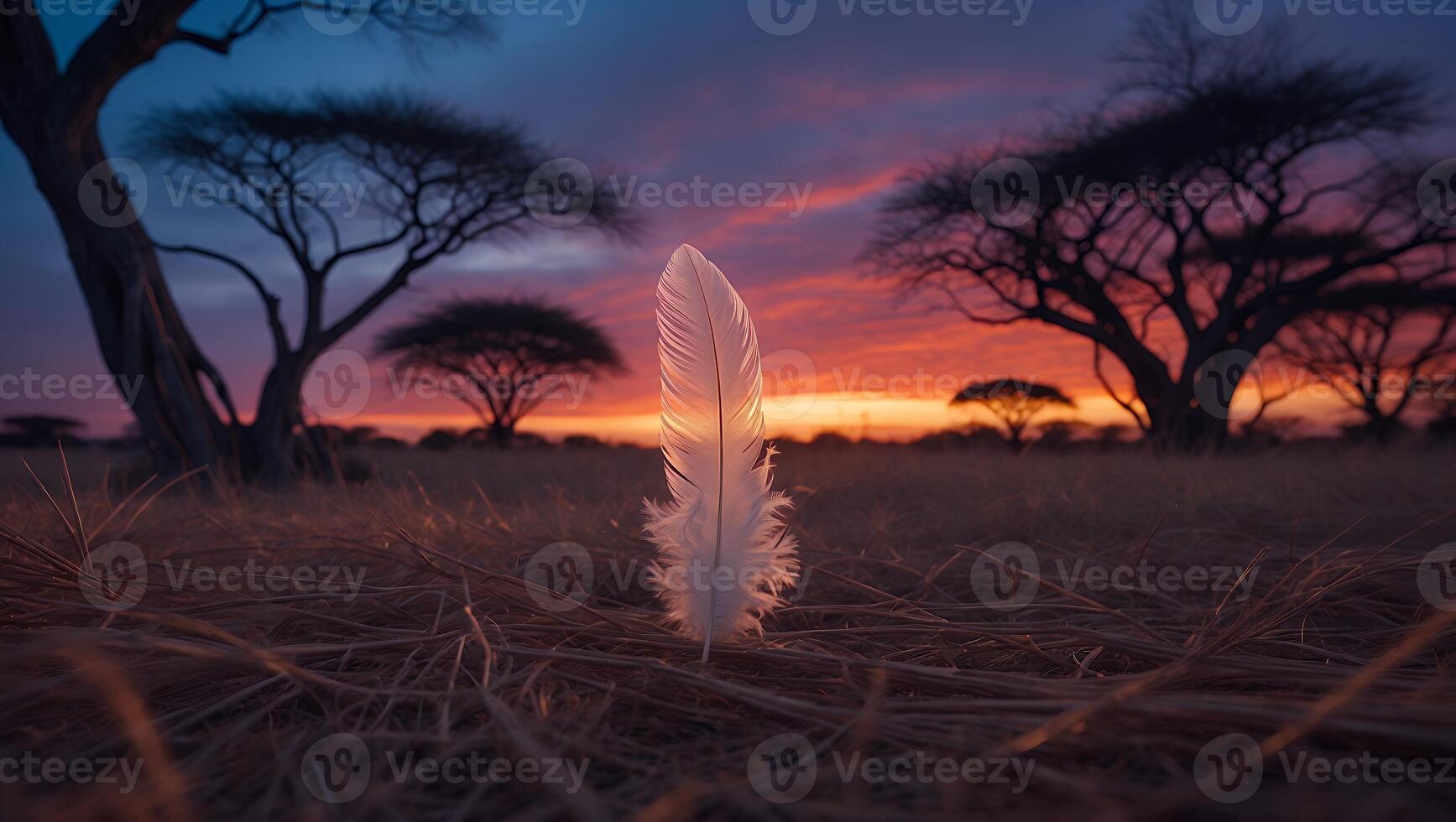 Feather Standing in Grassy Field with Silhouetted Trees at Sunset photo