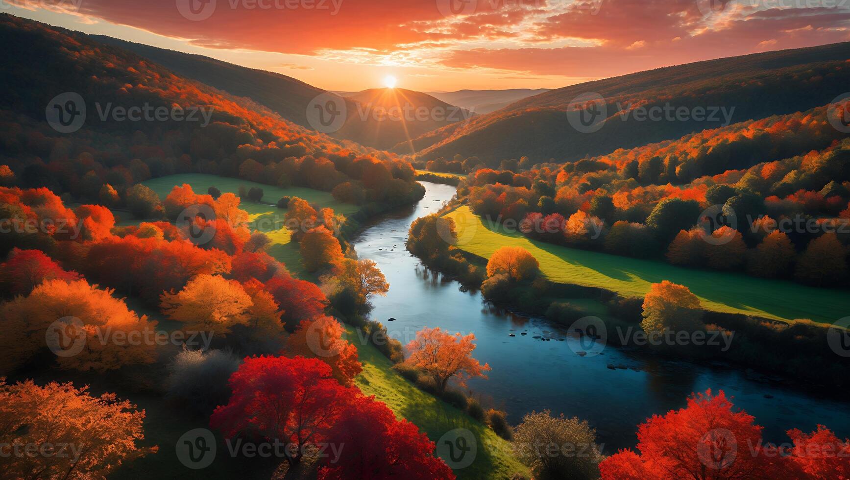River Flowing Through Autumnal Forest at Sunset with Golden Sunlight photo