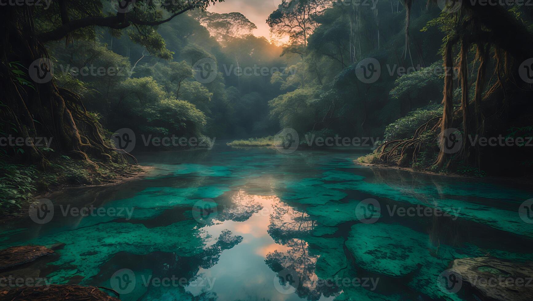 Tranquil Forest River with Clear Water Reflecting Sky at Sunset photo