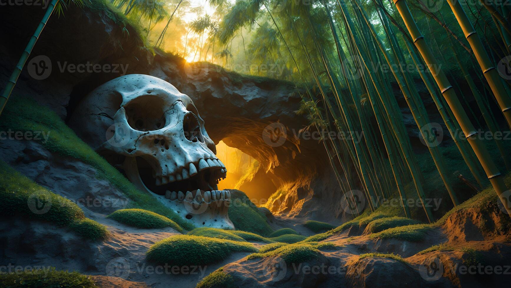 Human Skull Cave Entrance Surrounded by Mossy Terrain and Bamboo photo