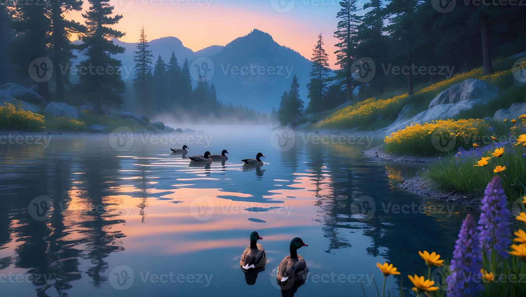 Ducks Swimming on a Calm Lake with Mountain and Forest View photo