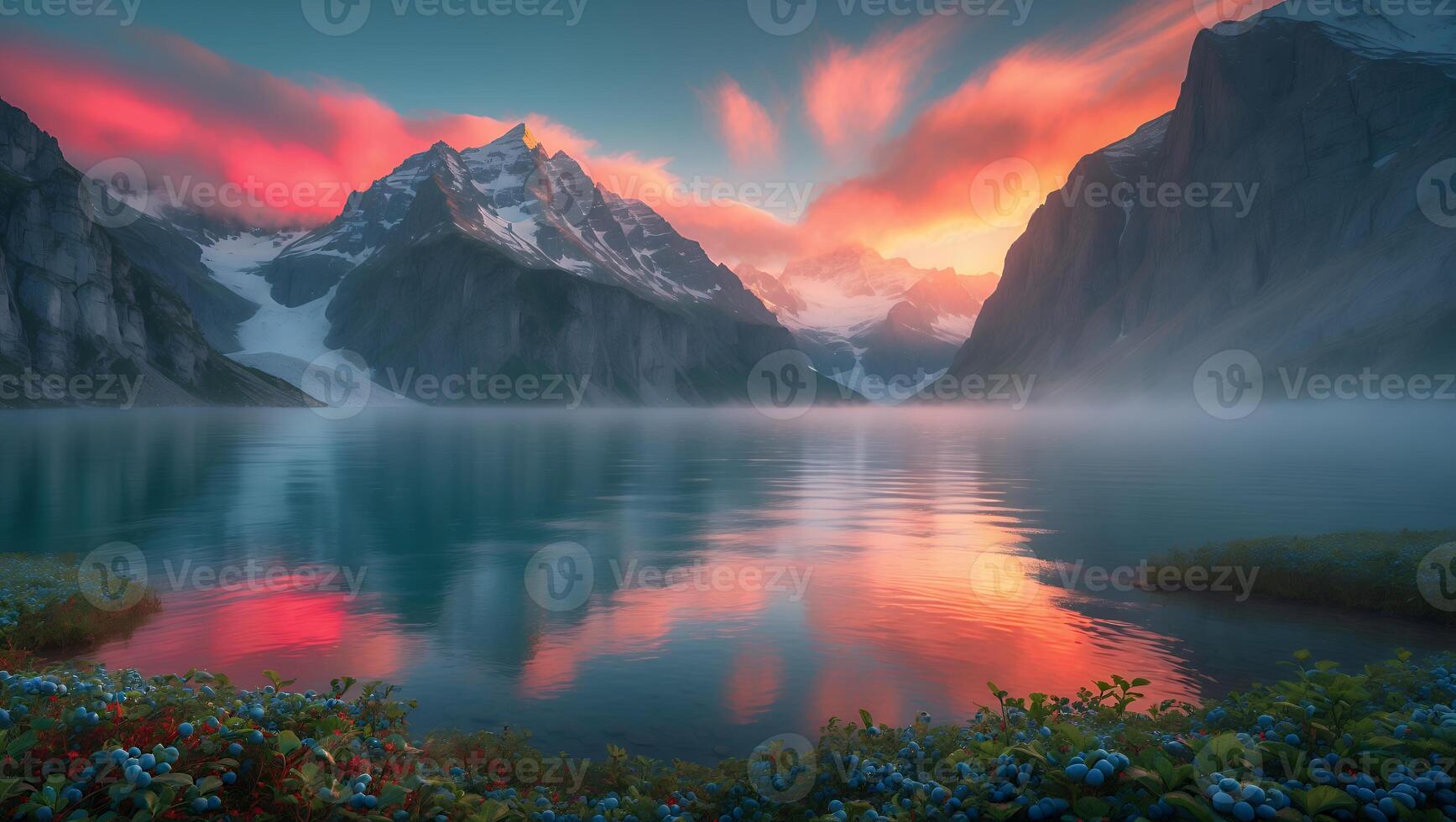 Mountain Lake Reflection at Sunset with Snow-capped Peaks and Blueberries photo