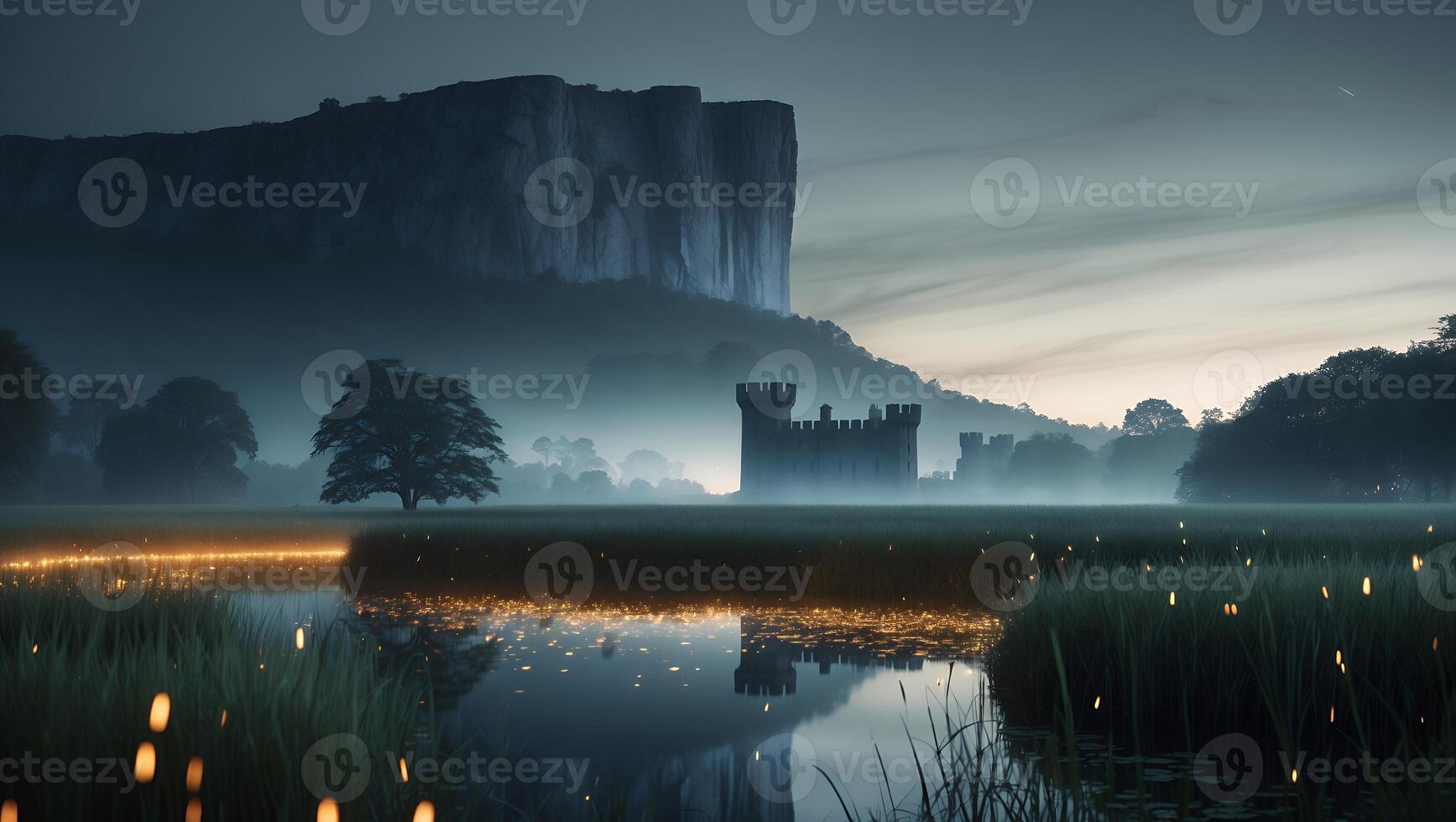 Castle in Foggy Field Reflected in Water at Dusk with Fireflies photo