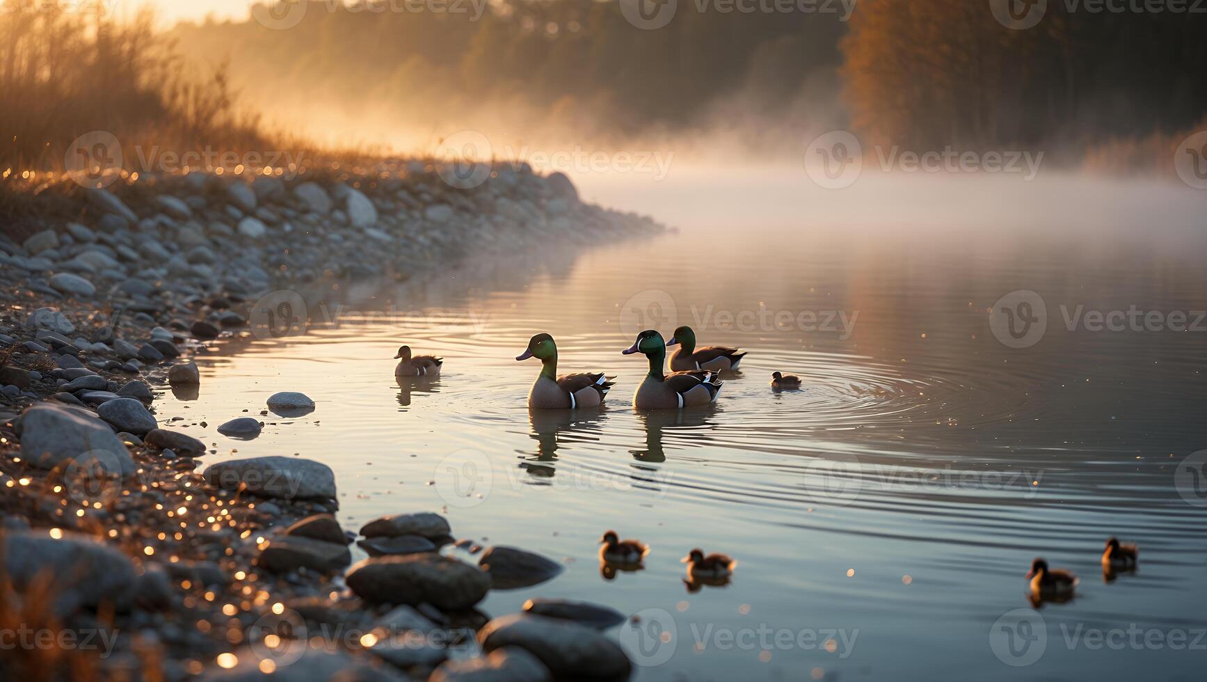 Ducks Swim Calmly in Lake at Sunrise with Foggy Mist photo