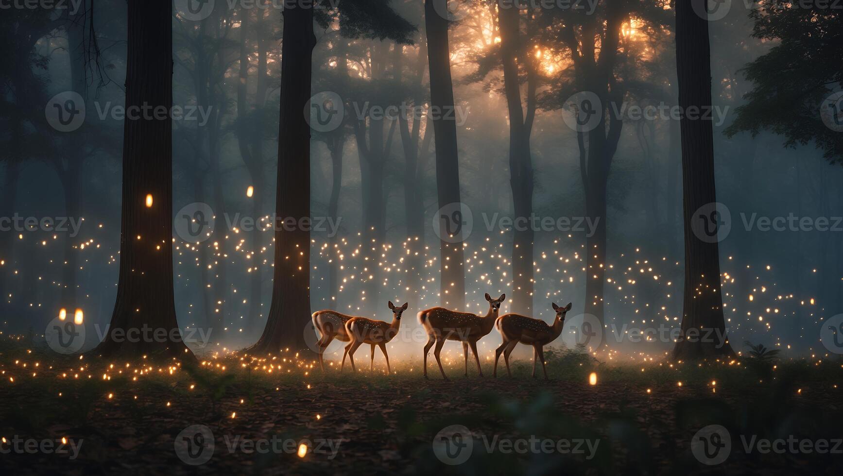 Deer Grazing in Magical Forest with Glowing Lights at Dusk photo