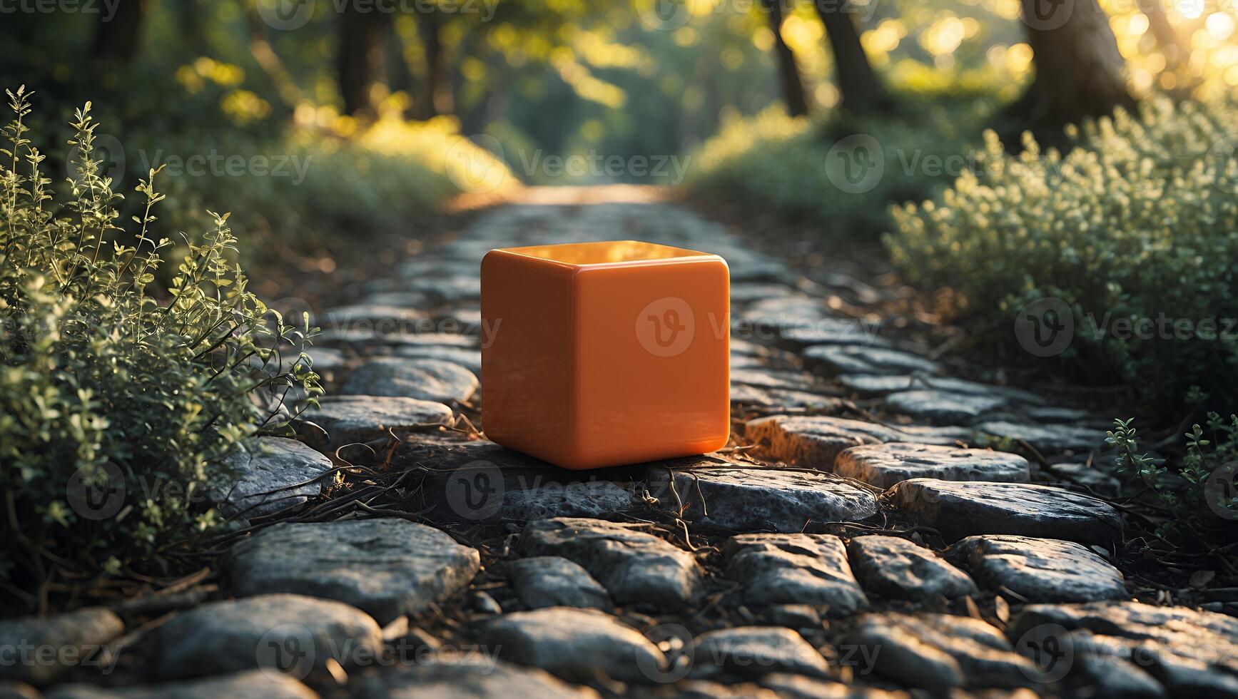 Orange Cube on Cobblestone Path in Forest During Golden Hour photo
