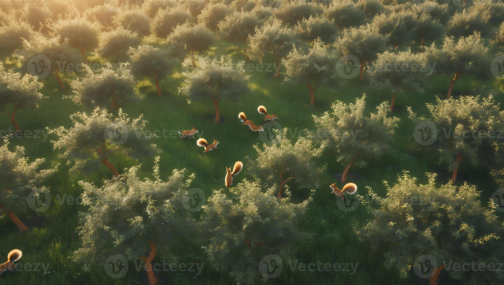 Squirrels Running in Orchard at Golden Hour Light Through the Trees photo