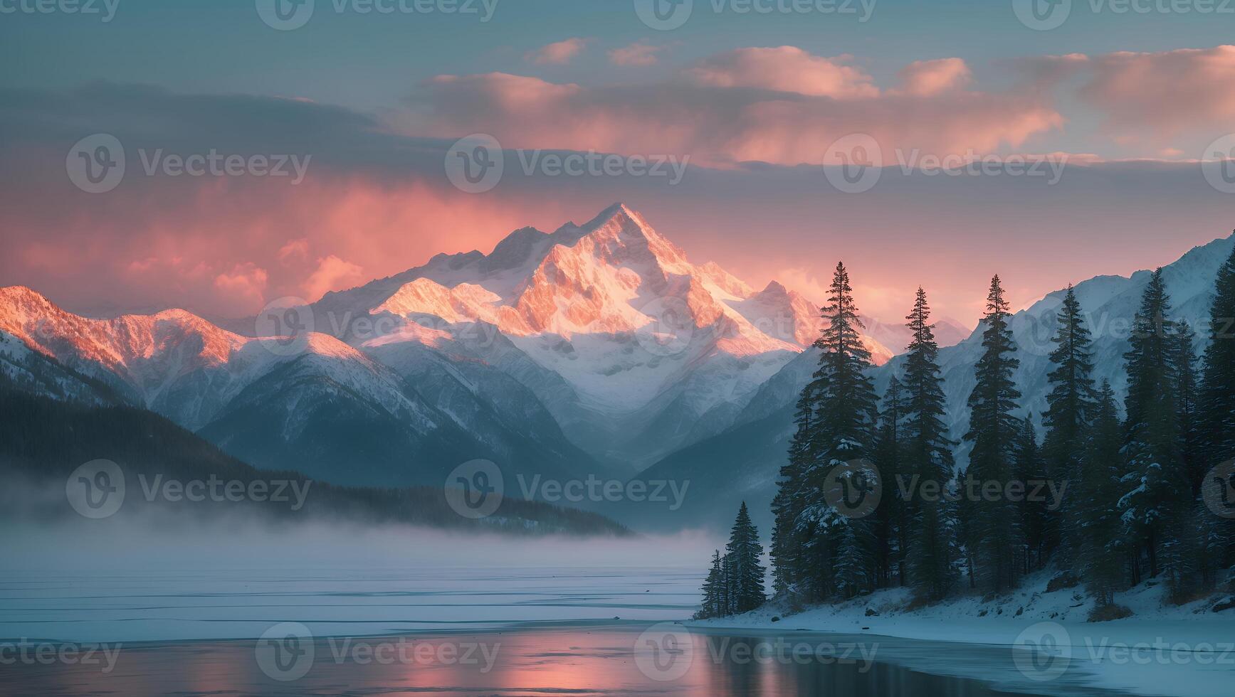 Snowy Mountain Peak Reflecting Sunrise Over Calm Lake with Misty Atmosphere photo