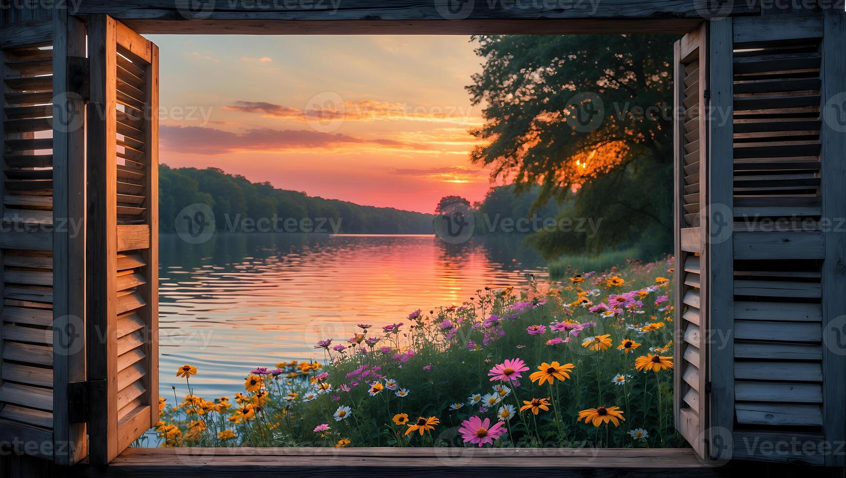 Open Window Overlooking Tranquil Lake and Colorful Flowers at Sunset photo