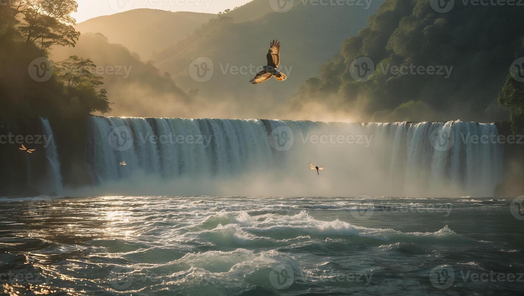 Bird Flying Over Waterfall in Lush Mountain Landscape at Sunrise photo
