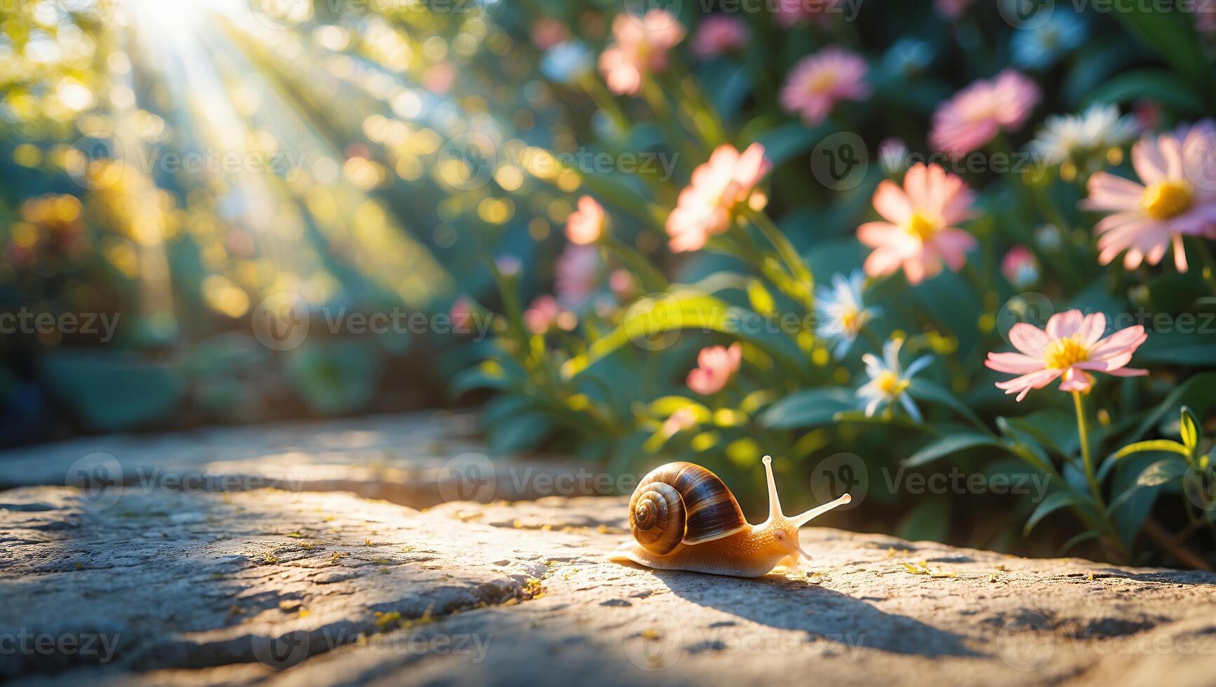 Snail Crawling on Stone Path Through Garden Flowers in Sunlight photo