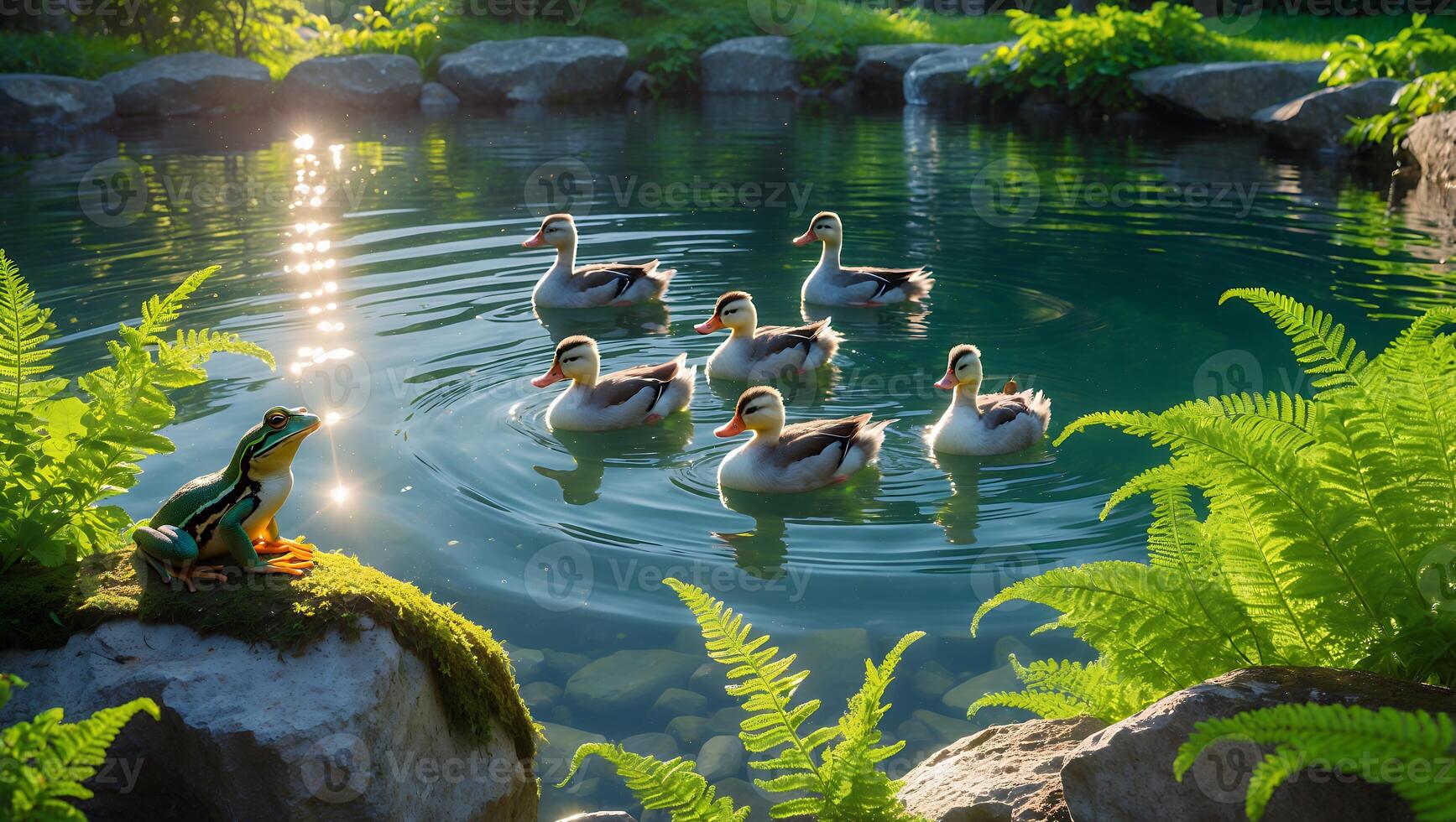 Frog Watching Ducks Swimming in Pond with Ferns and Sunlight photo