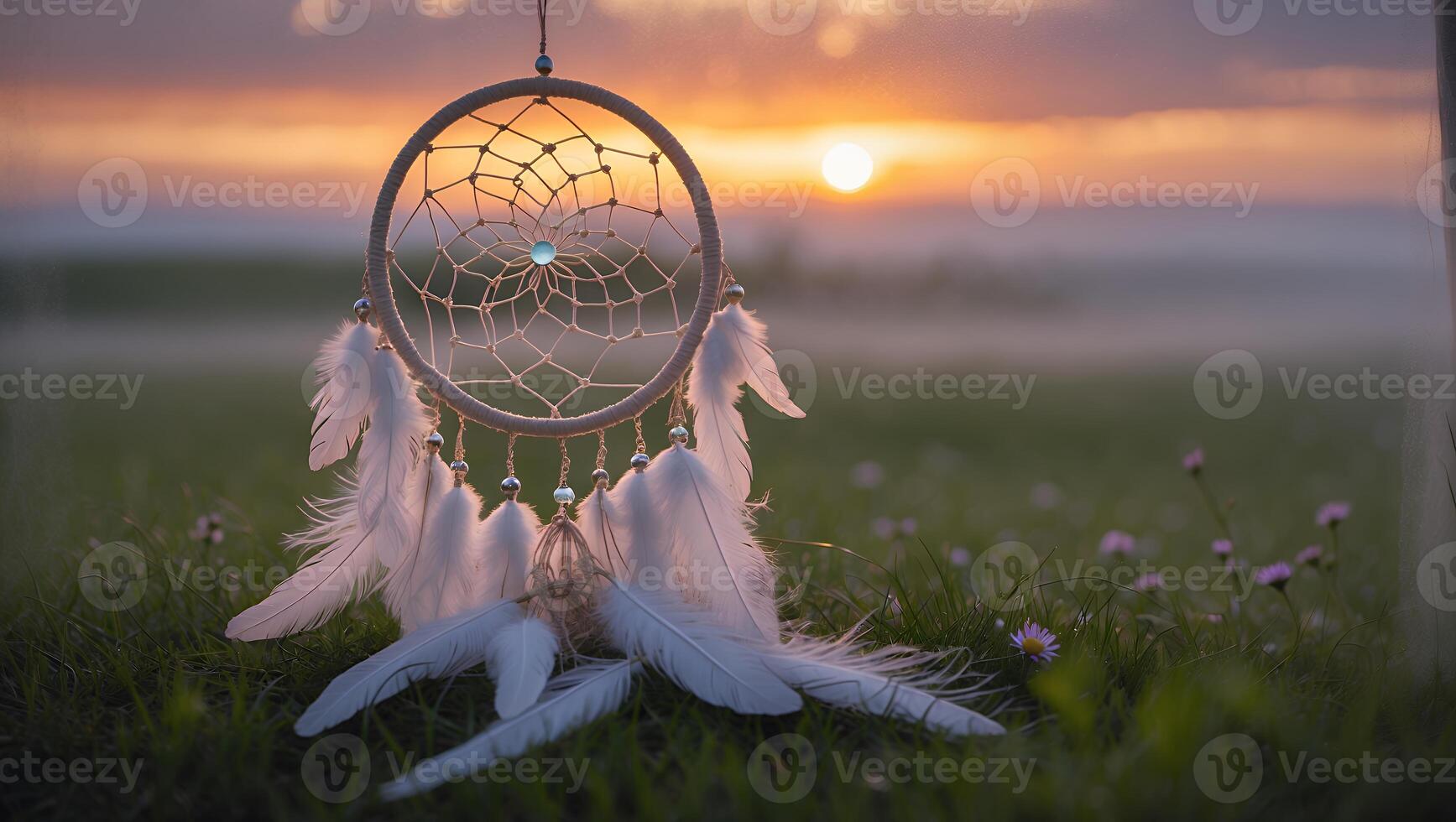 Dreamcatcher Hanging Outdoors at Sunset with Feathers and Soft Light photo
