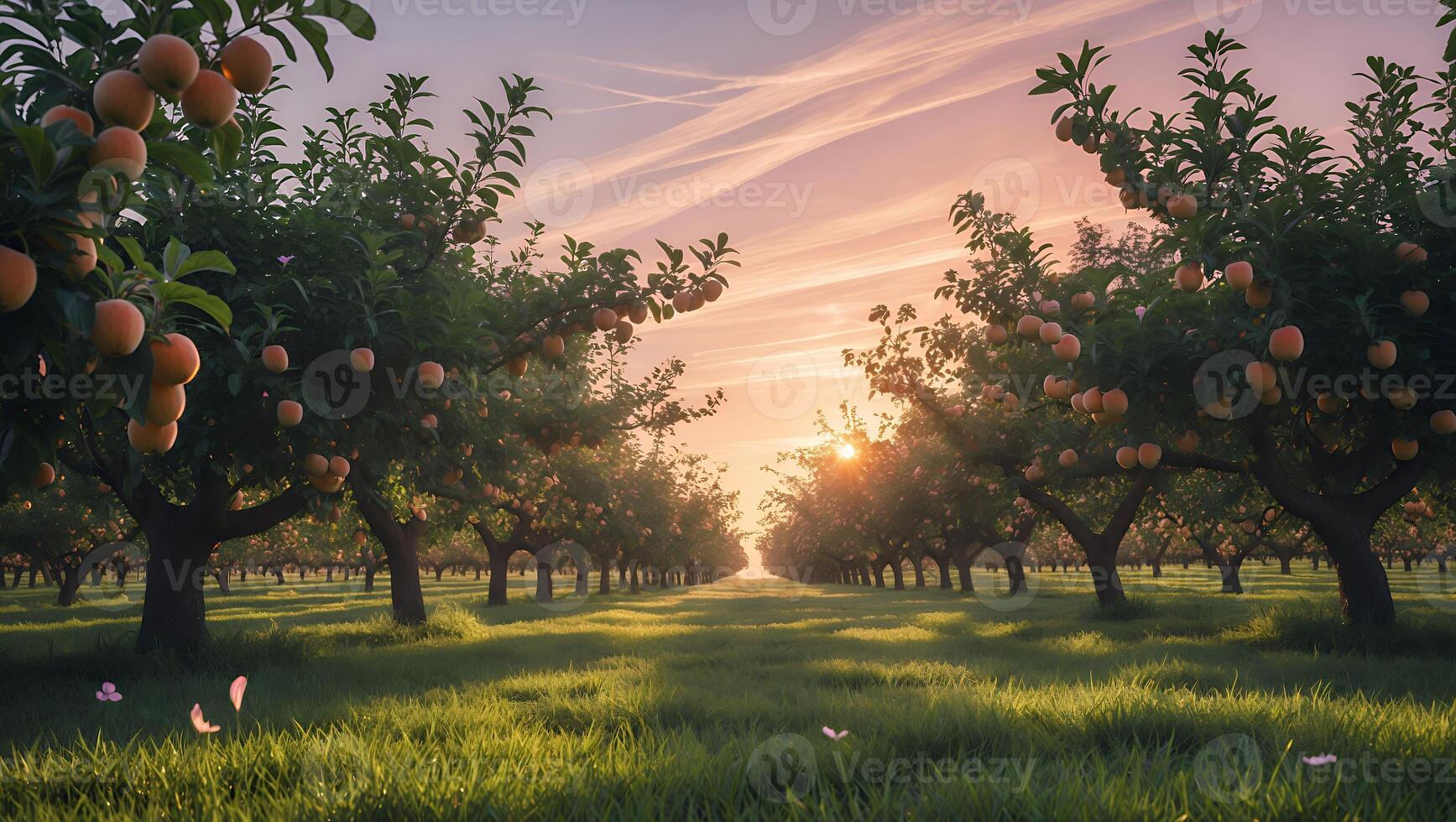 Walking Through Fruit Tree Orchard at Sunset with Warm Light photo