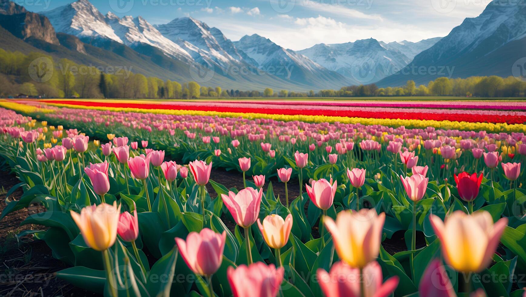 Vibrant Tulip Field with Snowy Mountains and Trees in Background photo
