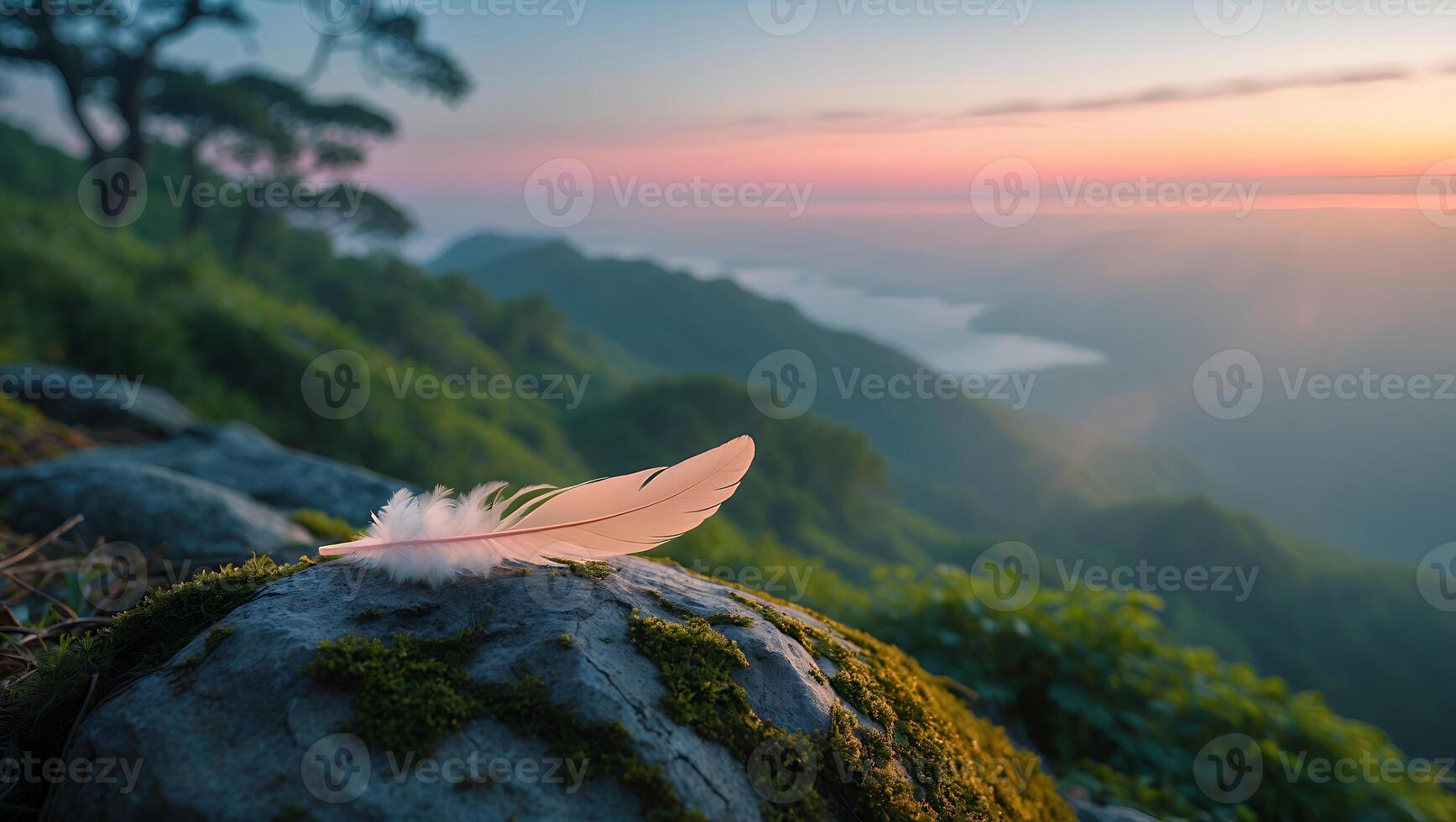 Feather Resting on Mossy Rock Overlooking Mountain Range at Sunset photo