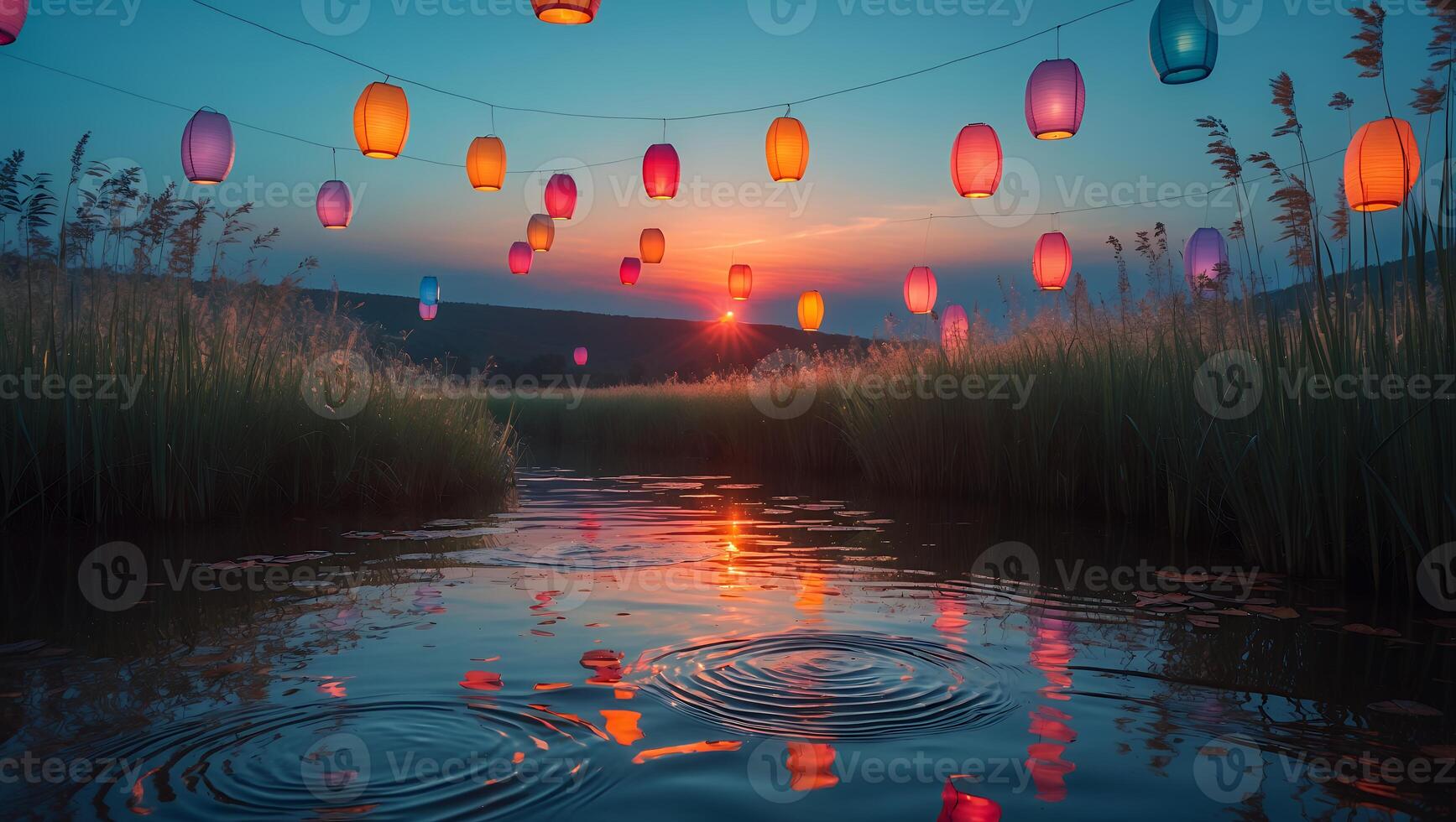 Illuminated Lanterns Reflecting in Calm Water at Sunset Landscape photo
