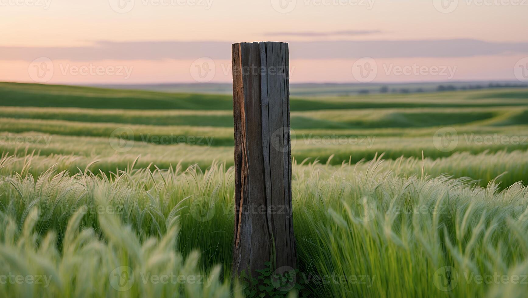 Standing Wooden Post in Grassy Field Under a Pastel Sky photo