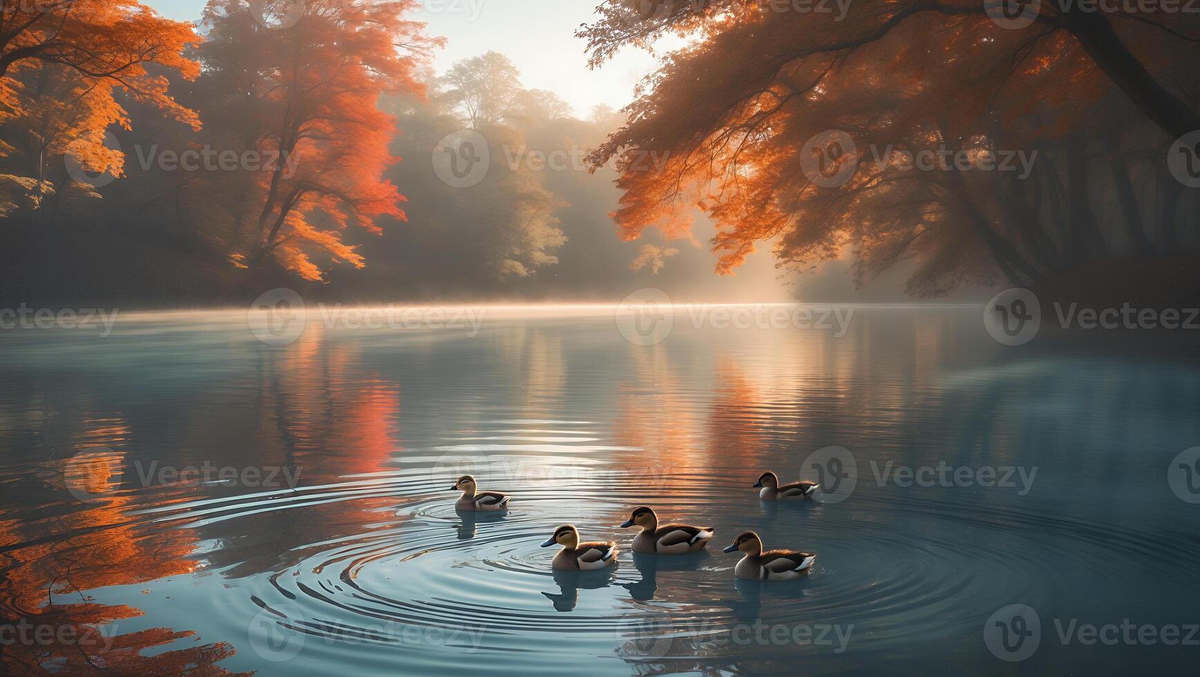 Ducks Swimming in Foggy Lake Surrounded by Autumn Trees Reflection photo
