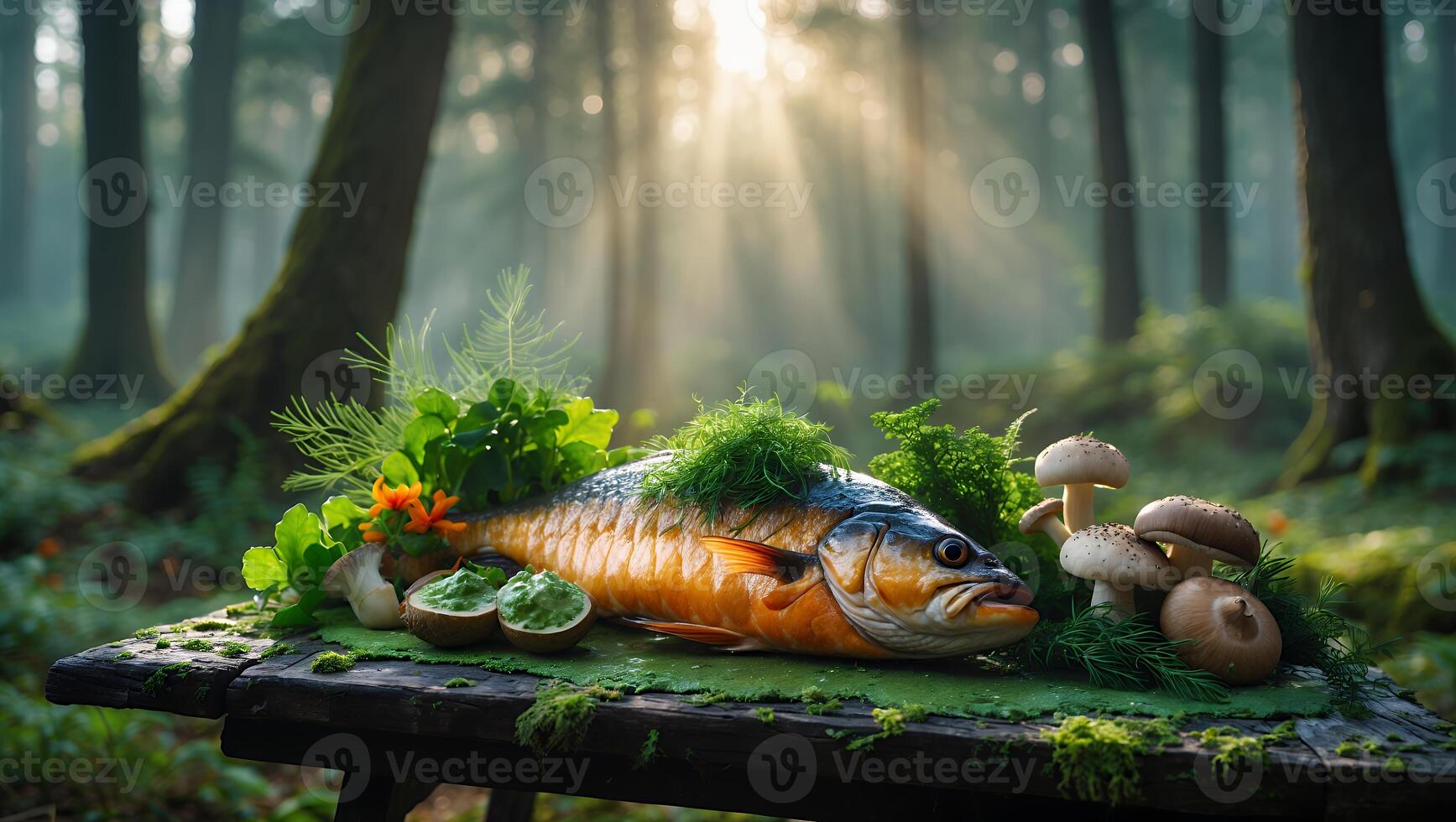 Cooked Fish Displayed with Mushrooms and Greenery in Forest Setting photo