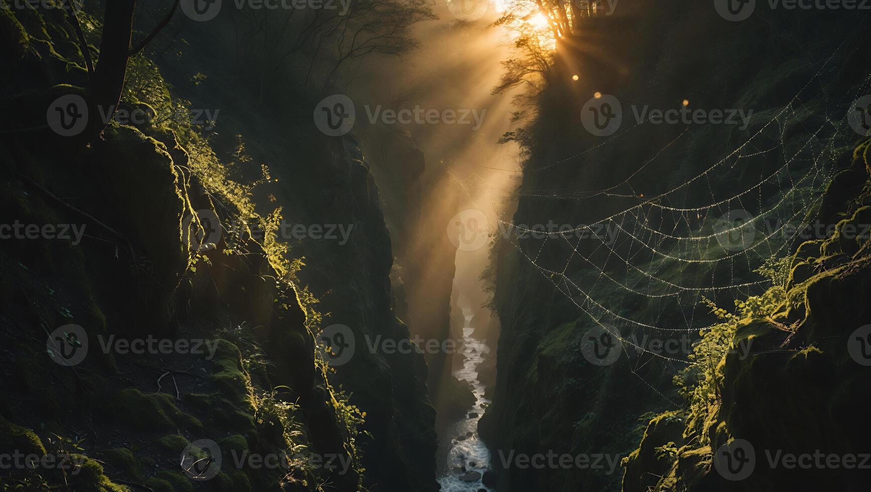 Flowing River Through Mossy Canyon with Golden Sunlight and Spiderweb photo