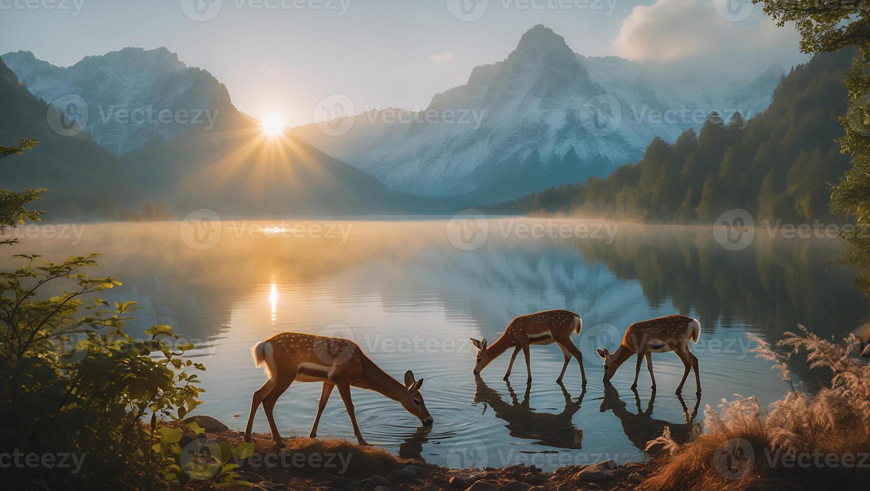 Deer Drinking at Misty Lake in Mountain Landscape During Sunrise photo