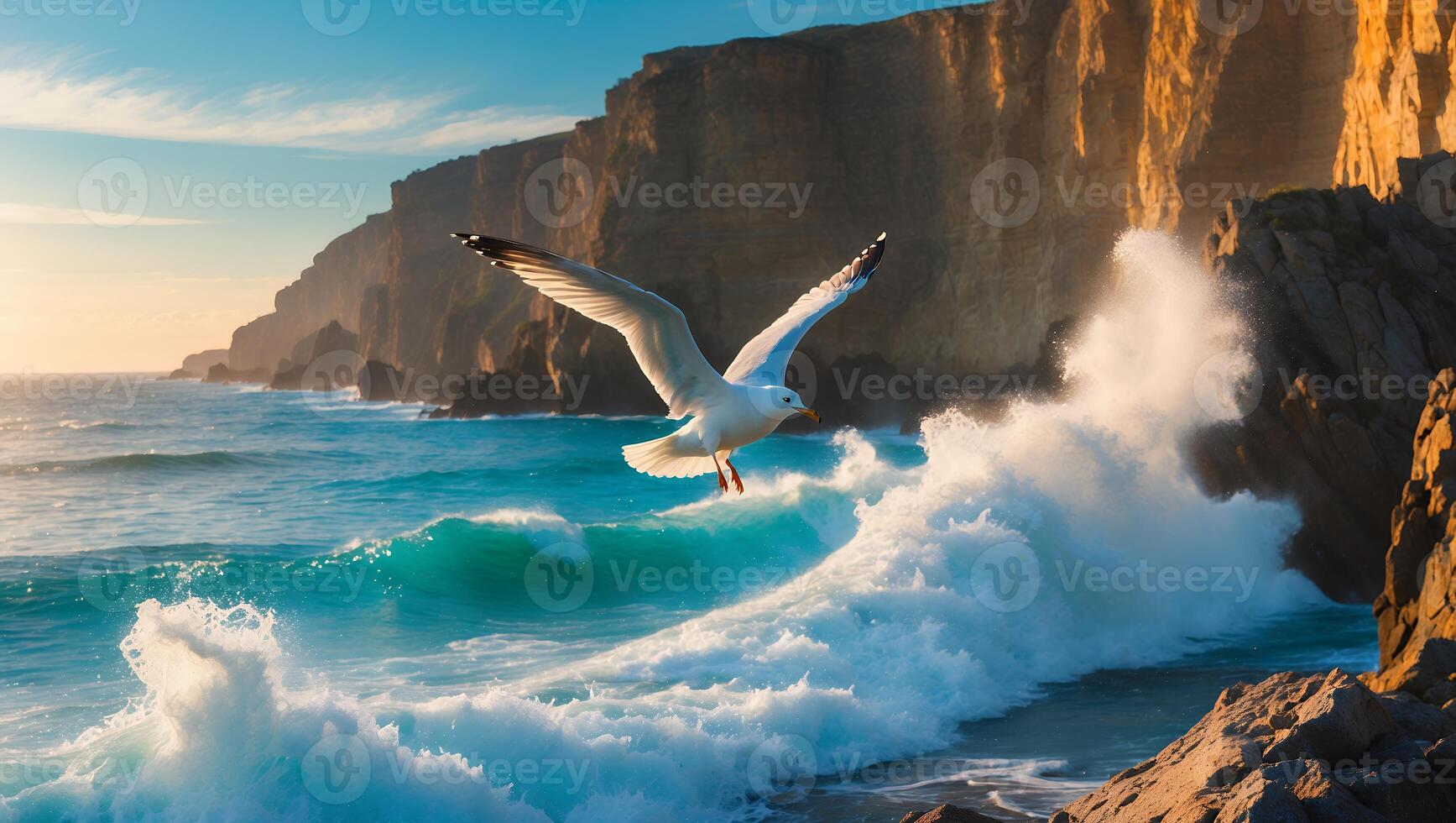 Seagull Flying Over Ocean Waves with Coastal Cliffs Landscape View photo