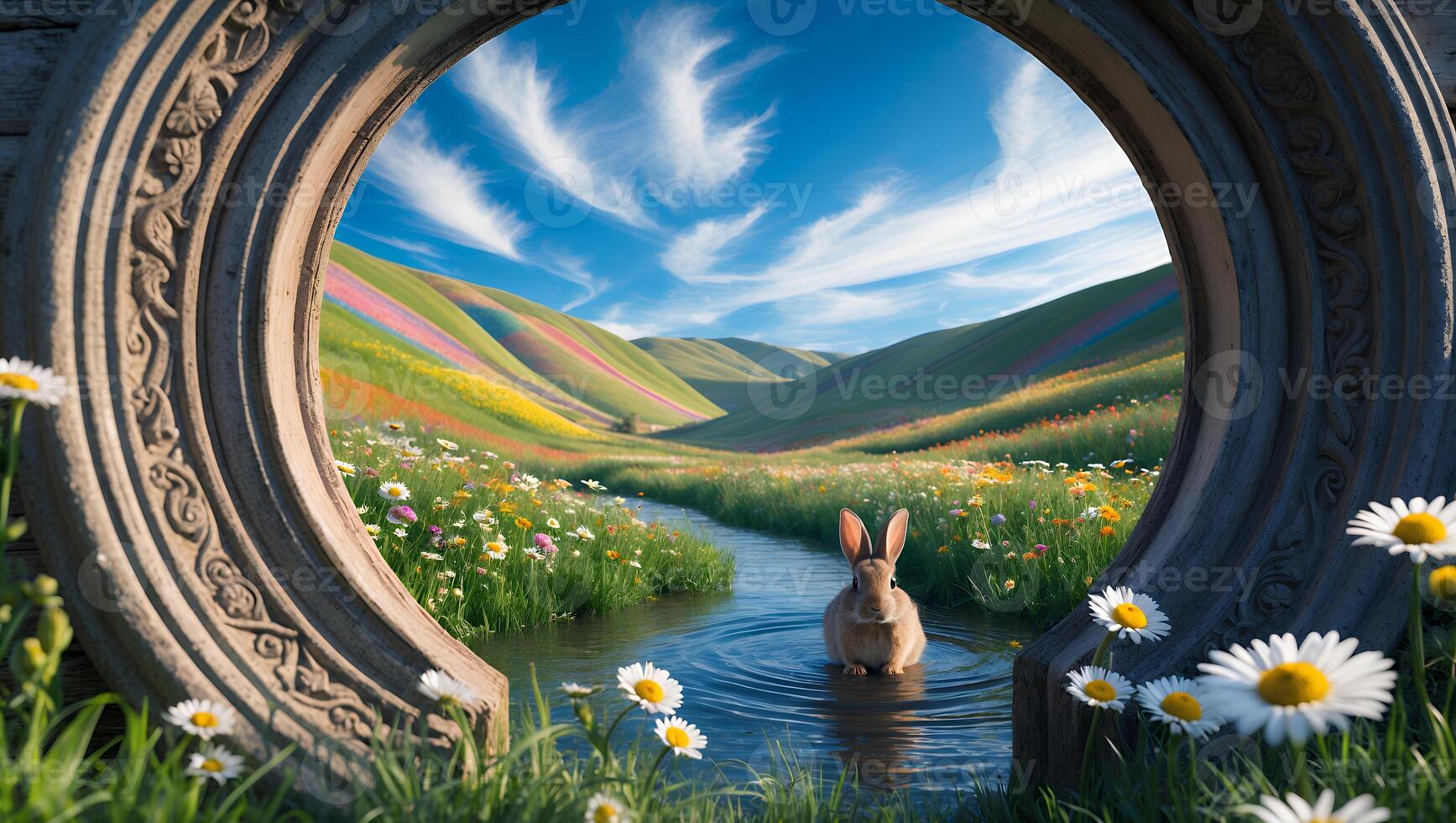 Rabbit Wading in Stream with Flower Field View Through Arch photo