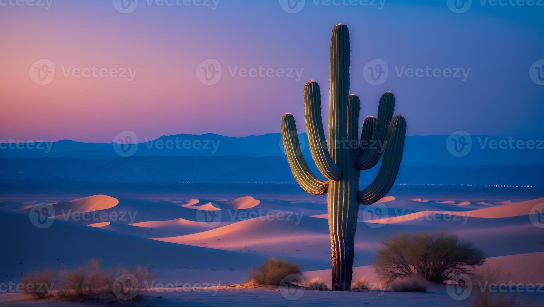 Cactus Standing Tall in Desert Landscape with Mountains at Twilight photo