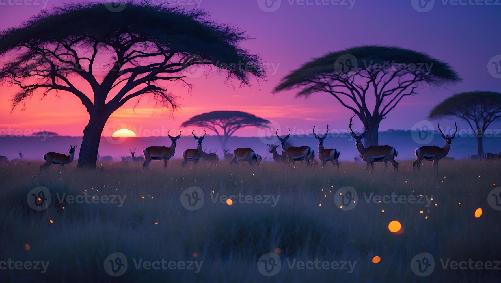 Gazelle Herd Grazing Under Sunset Sky with Silhouetted Trees photo