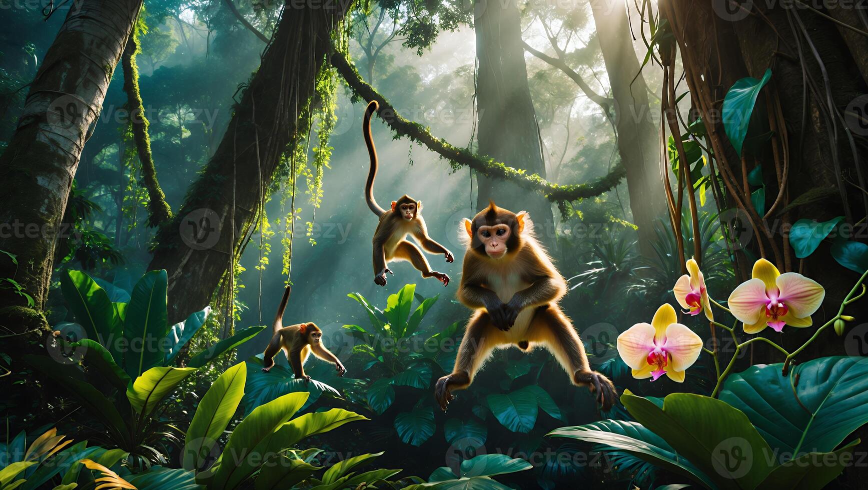 Monkeys Playing in Lush Tropical Rainforest Jungle Scene with Sunlight photo
