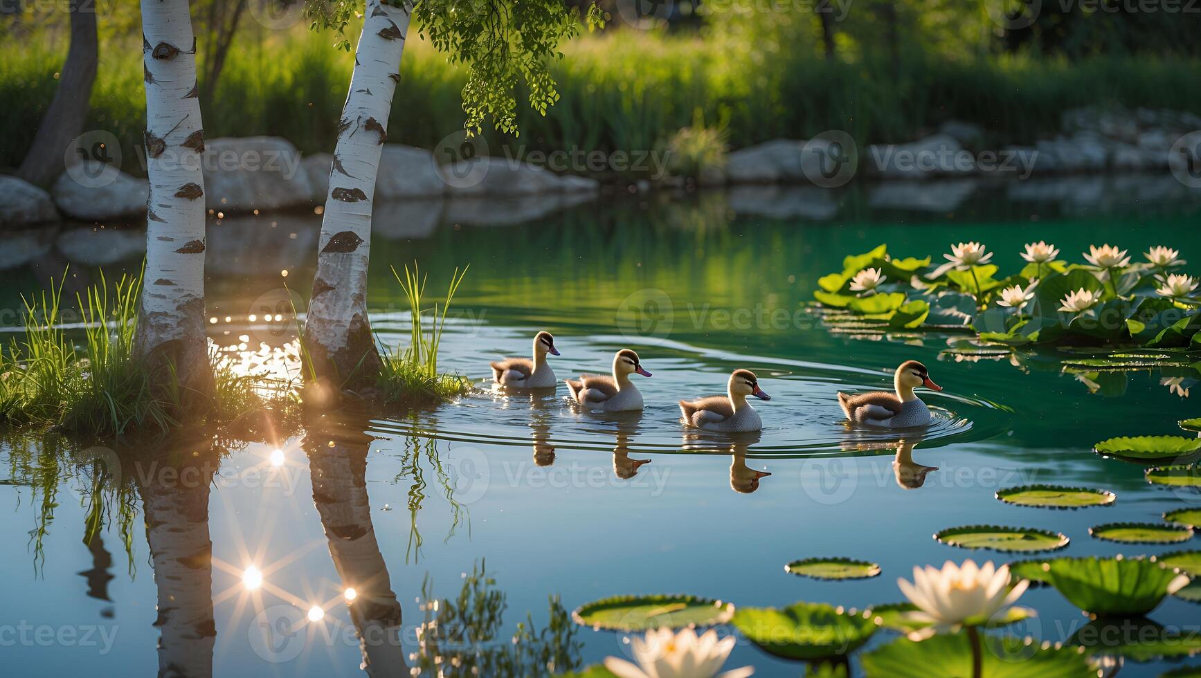 Ducklings Swimming in Pond with Lily Pads and Birch Trees photo