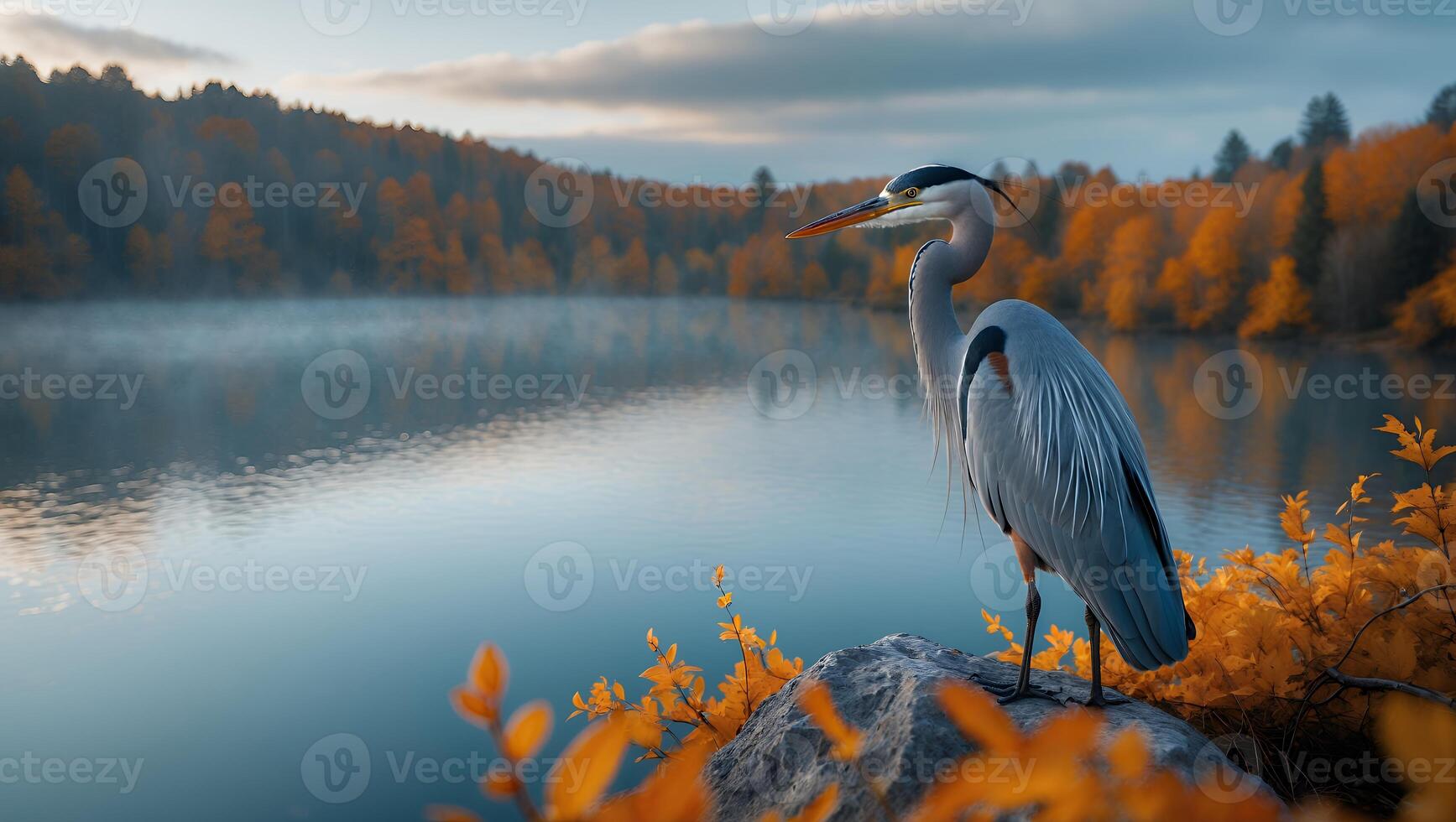 Great Blue Heron Standing Near Tranquil Lake Surrounded by Autumn Trees photo