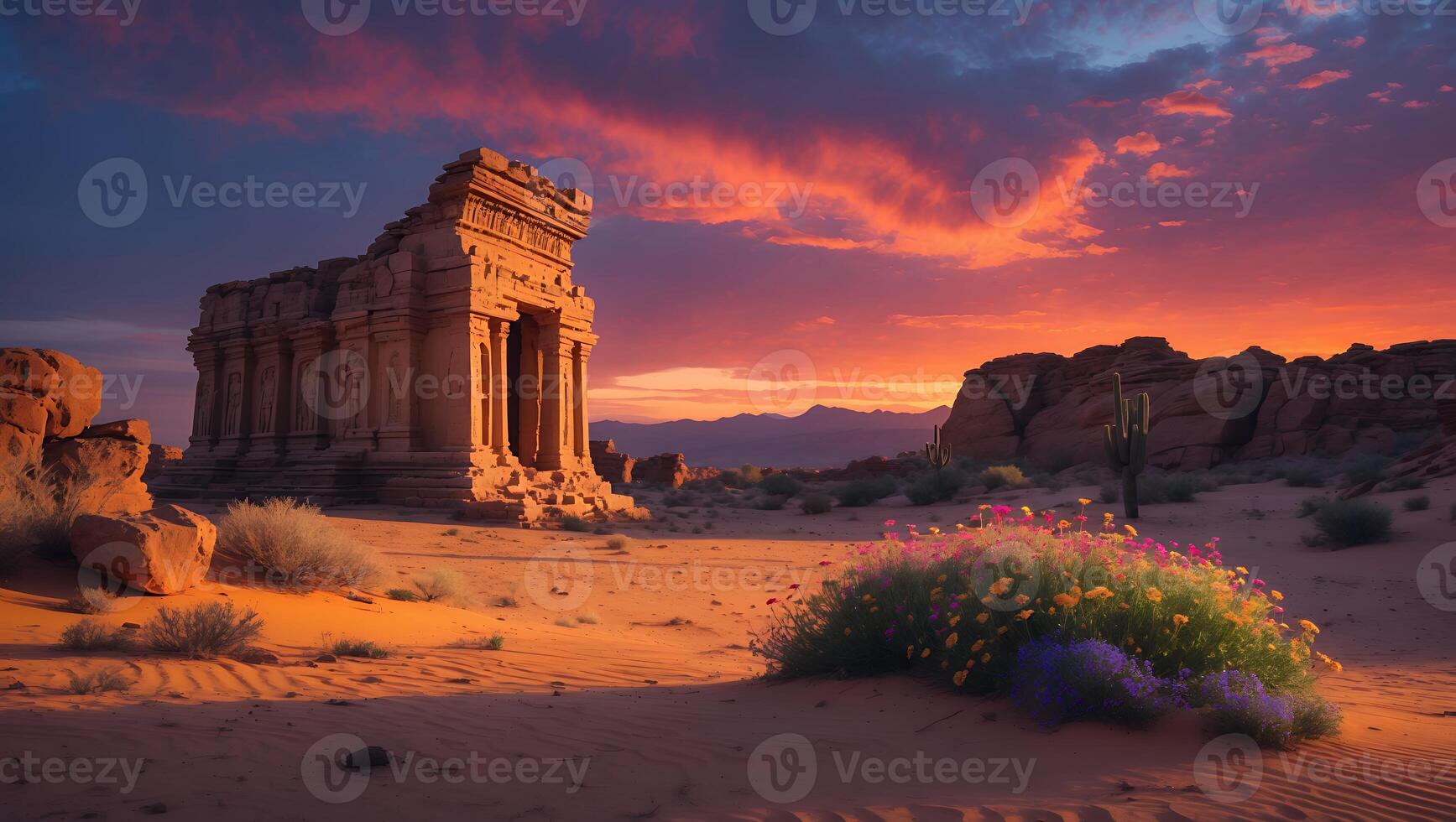 Desert Ruins and Flowers Under Dramatic Sunset Sky Landscape photo