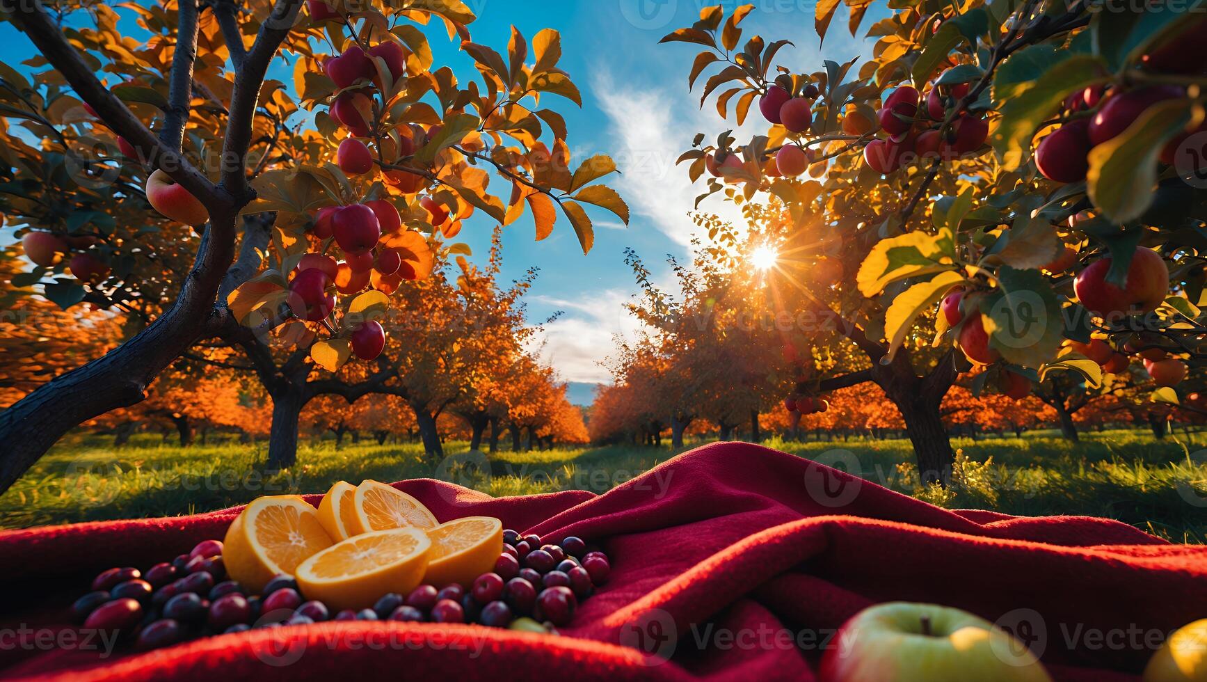 Enjoying Fruit Orchard Picnic with Sunlit Autumn Trees in Background photo