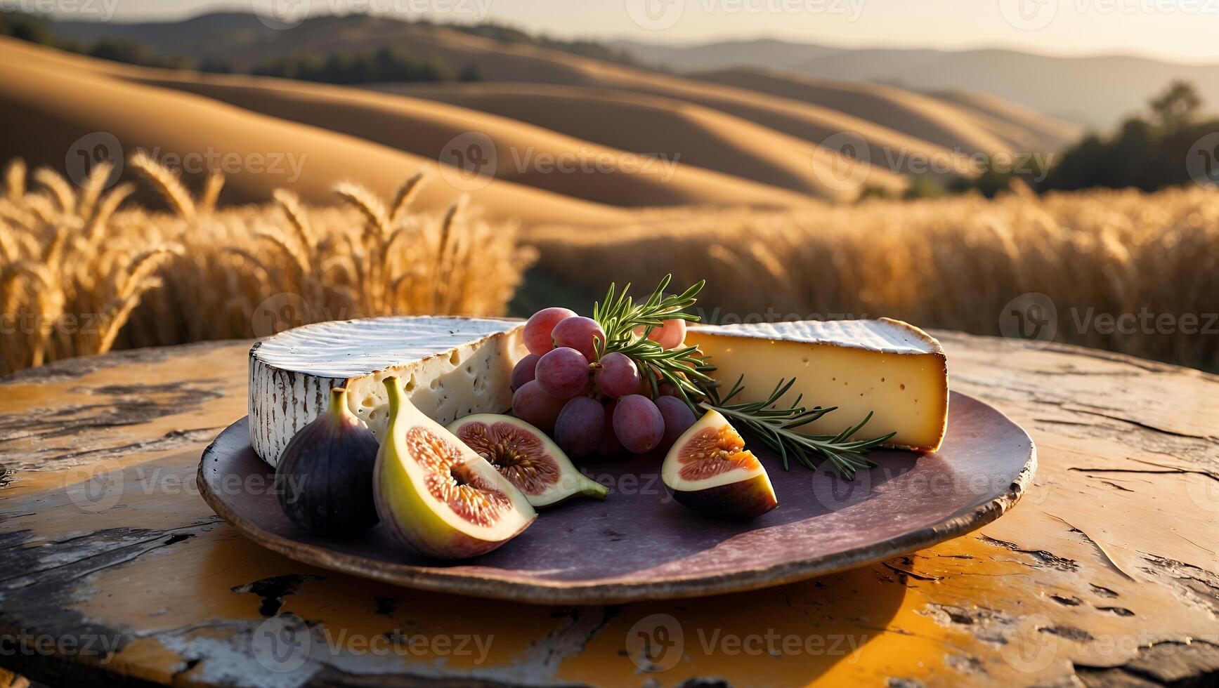 Cheese and Fruit Plate with Grain Field in Background photo