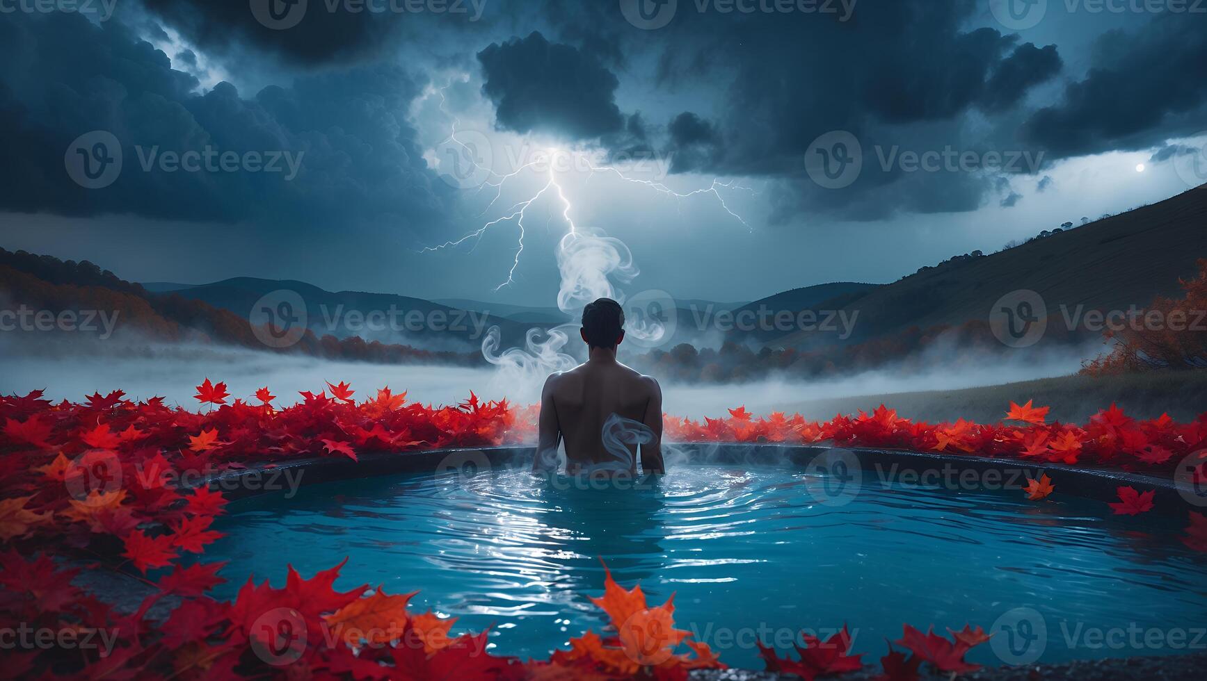 Person Relaxing in Hot Tub During Lightning Storm Landscape View photo