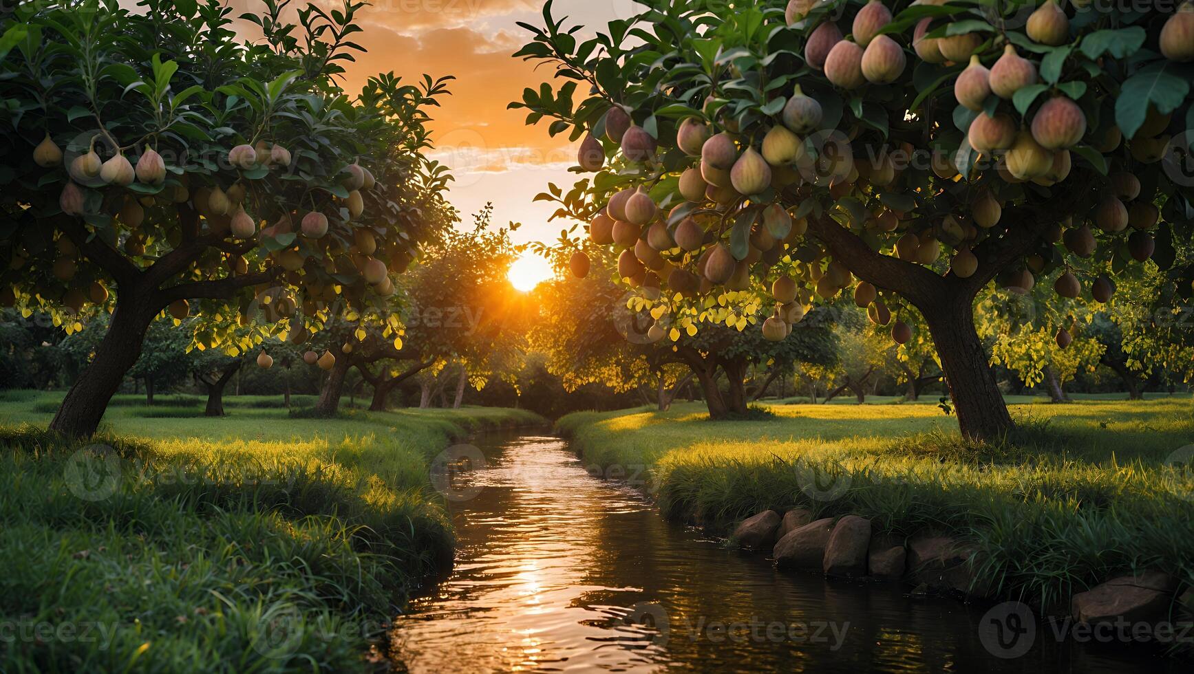 Tranquil Stream Flows Through Orchard at Sunset with Golden Light photo