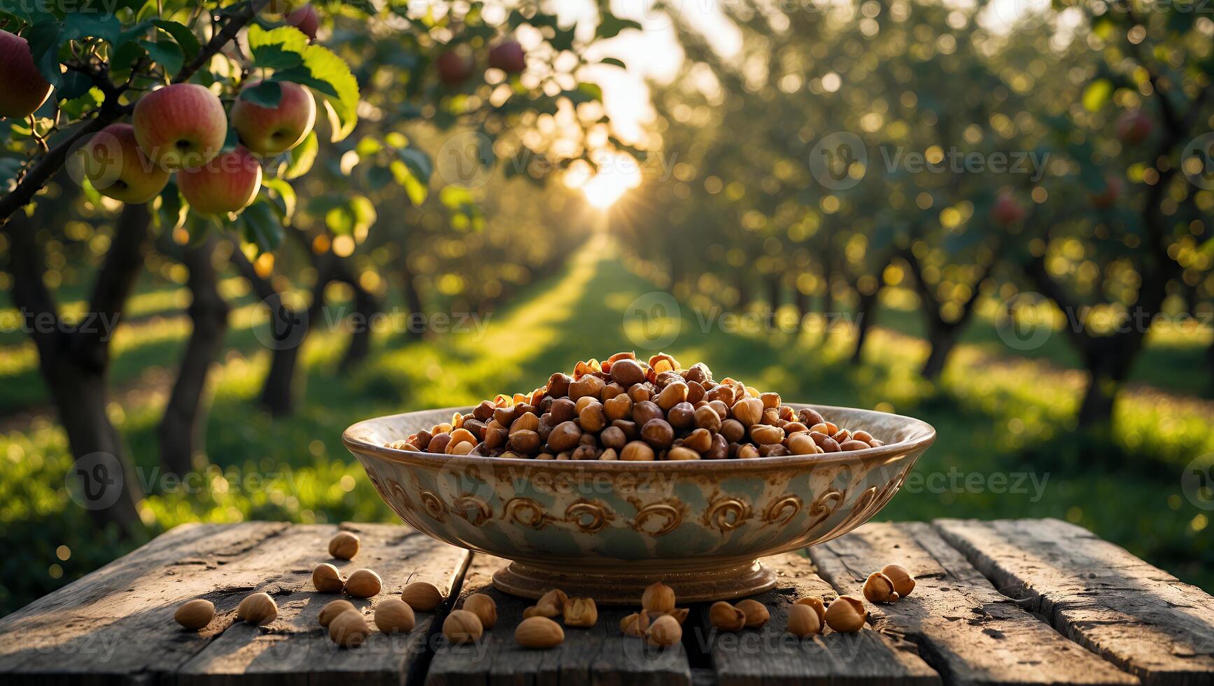 Harvested Hazelnuts in Bowl on Wooden Table with Apple Orchard photo