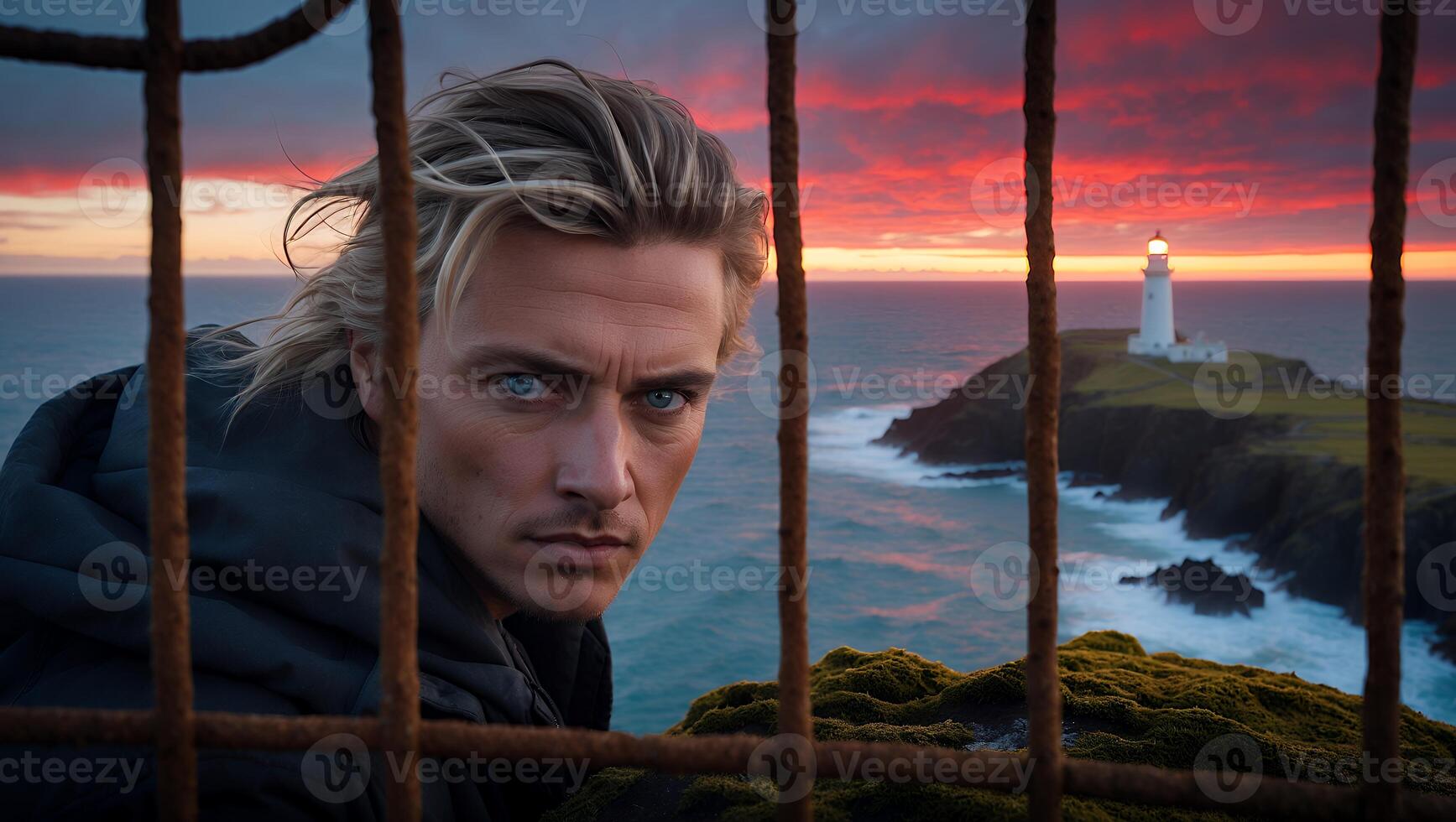 Person Looking Through Bars at Lighthouse Island in Colorful Sunset photo