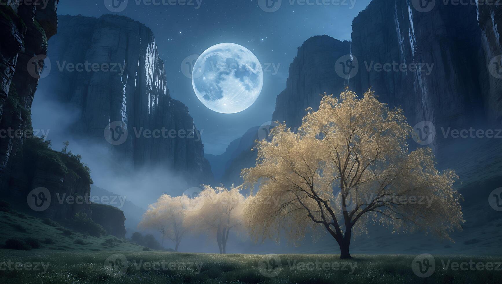 Full Moon Shining Over Trees and Cliffs in a Fantasy Landscape photo